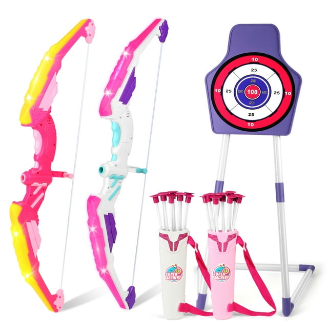 Hot Bee 2 Pack Bow and Arrow for Kids,Including 2 Bows, 20 Suction Cup Arrows & 2 Quivers & Standing Target, Outdoor Toys Christmas Gifts for 3-6 6-12 Girls Boys