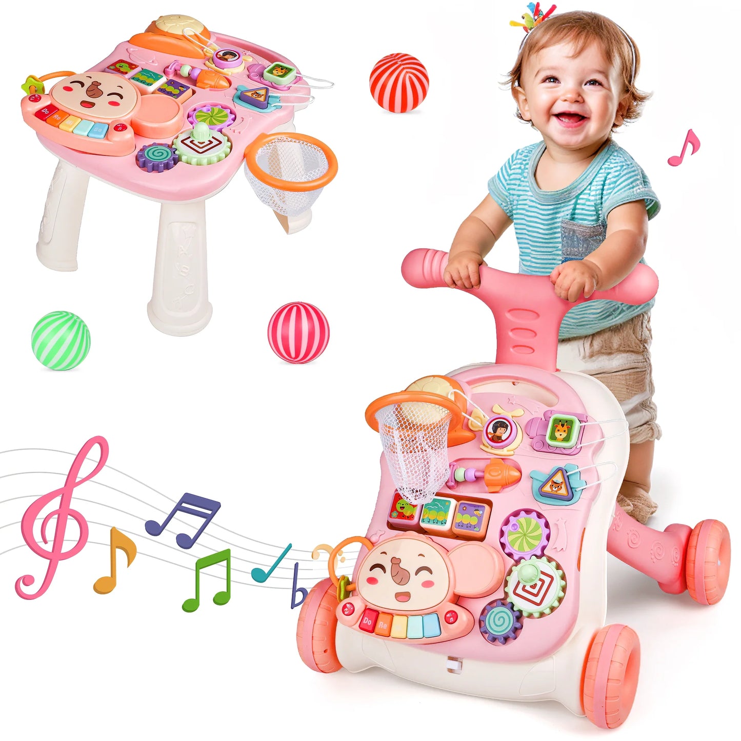 3-in-1 Baby Walker and Learning Table Center, Perfect Learning Toys Christmas Gift for Infants 6-12 Months, 17.3 Inch Perfect for Early Development & Playtime for Girls Boys-Pink