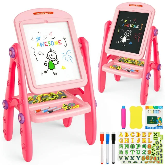 Art Easel for Kids Toddlers Girls Ages 3-6 ,Rotatable Drawing Board Standing, Double Sides with Whiteboard & Chalkboard, Birthday Christmas Gifts(Pink).