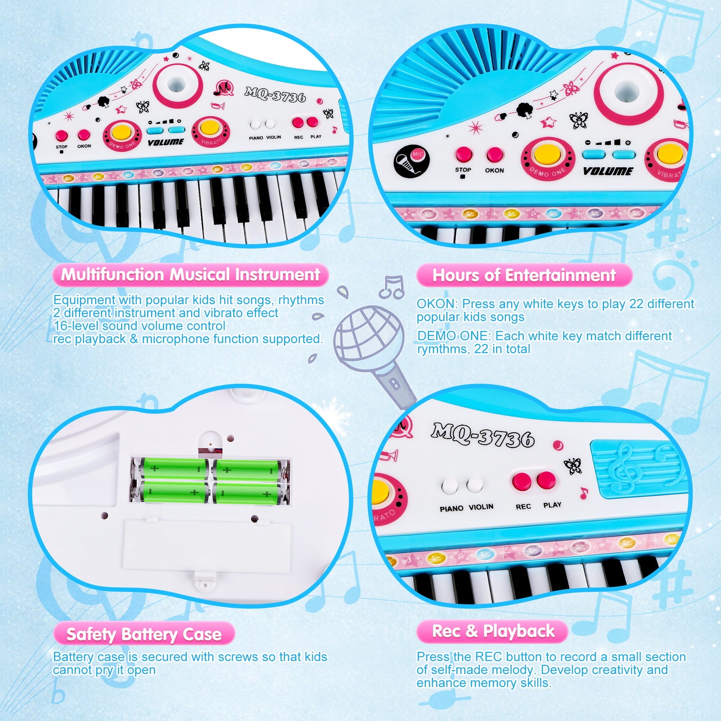 Baby Piano Toys for Kids, Blue Musical Keyboard Instrument with Microphone for Toddlers Boys Girls Christmas Gift Aged 4 5 6+, Musical Birthday Gift for Kids 3+