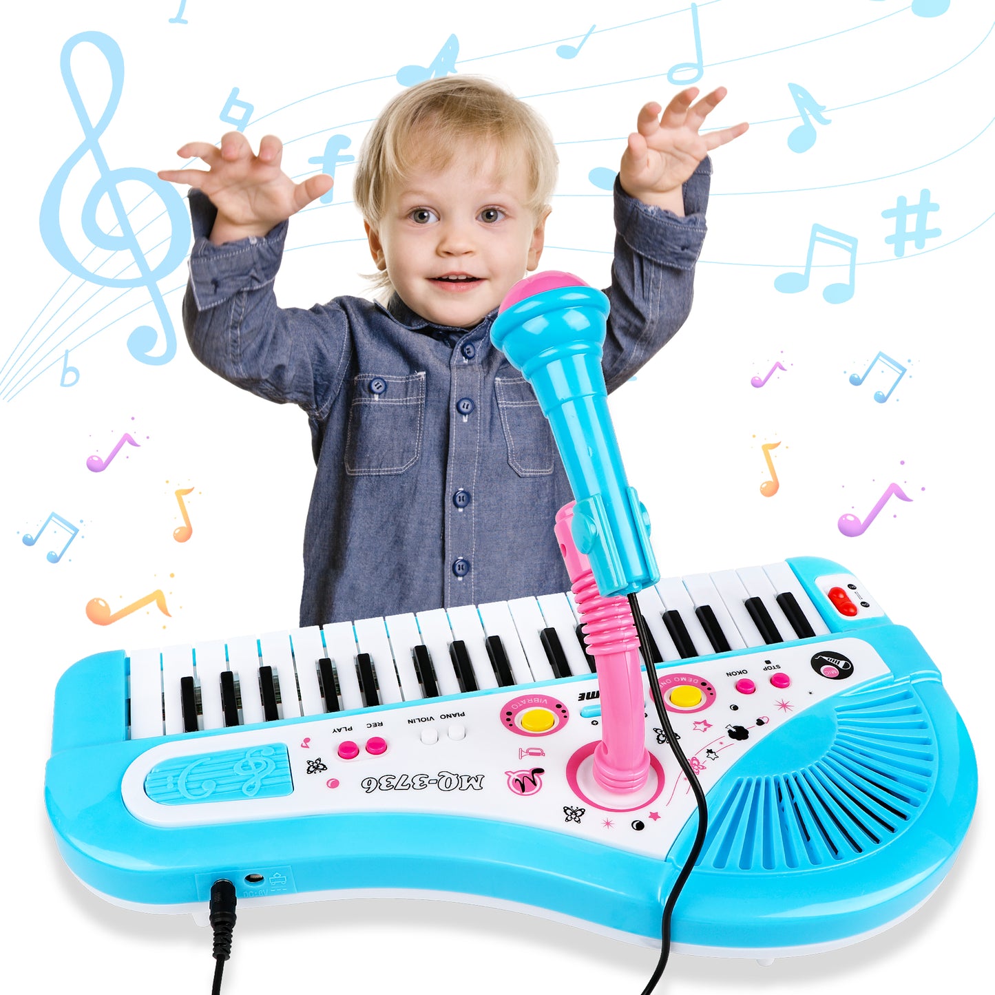 Baby Piano Toys for Kids, Blue Musical Keyboard Instrument with Microphone for Toddlers Boys Girls Christmas Gift Aged 4 5 6+, Musical Birthday Gift for Kids 3+