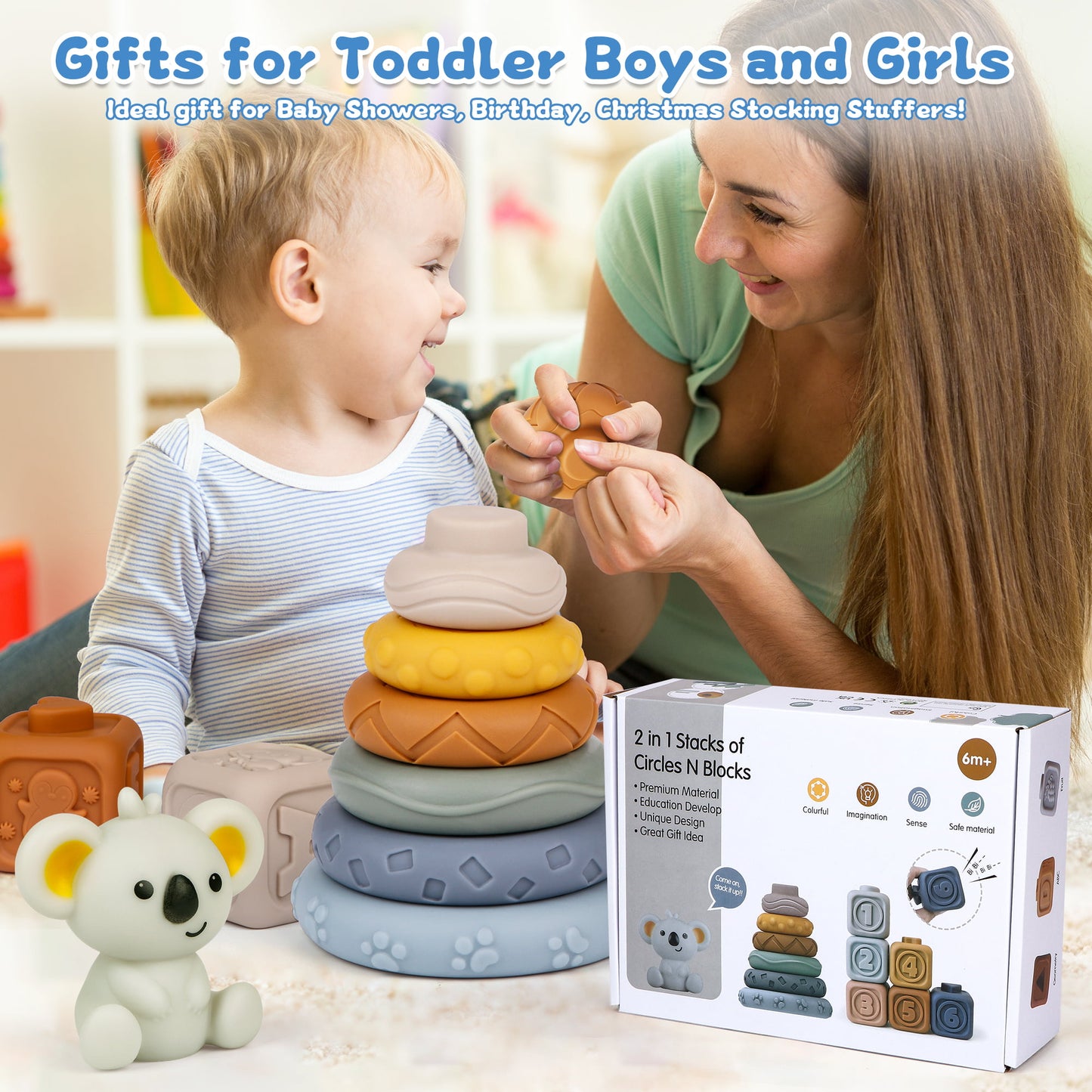 Baby Stacking Blocks for Toddlers, Sensory Soft Stacking Teething Rings, Educational Learning Montessori Toys & Bath Toys for Preschooler 6 Months up, Birthday Gift for Babies