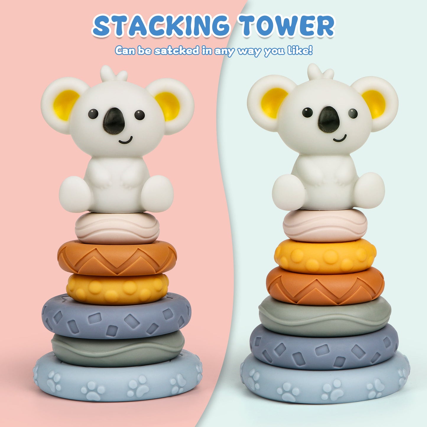 Baby Stacking Blocks for Toddlers, Sensory Soft Stacking Teething Rings, Educational Learning Montessori Toys & Bath Toys for Preschooler 6 Months up, Birthday Gift for Babies