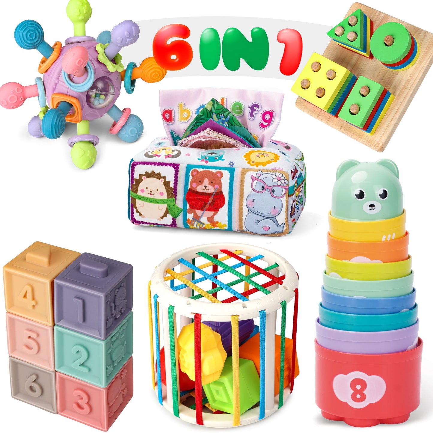 Hot Bee Baby Toys 6-12 Months, 6 in 1 Montessori Toys for Babies 6-12 Months, Soft Baby Teething Toys, Stacking Building Blocks for Infants