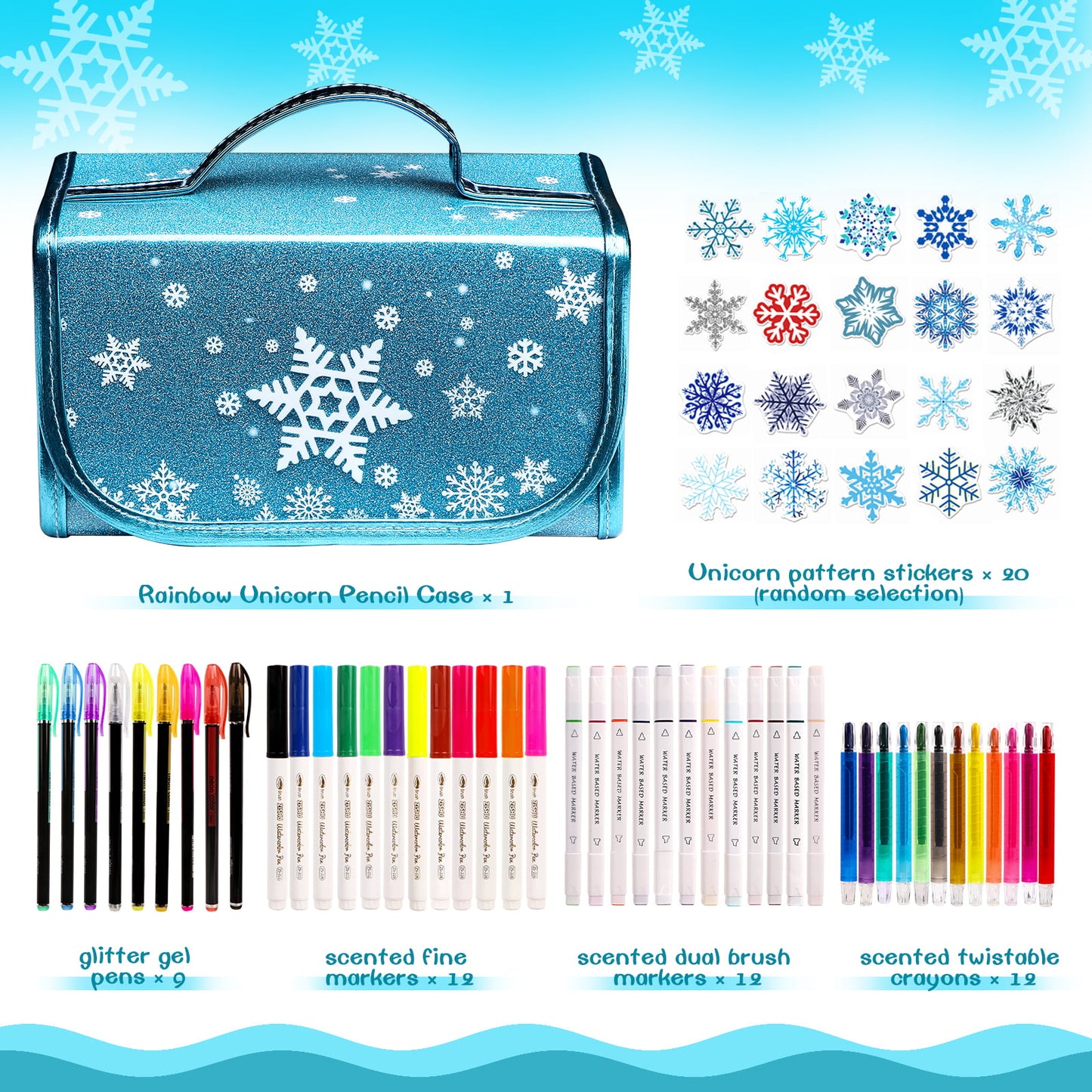 Fruit Scented Markers Set, 56 Pcs with Frozen Snowflake Pencil Case, Frozen Gifts for Girls Ages 4-6-8, Art Supplies for Kids, School Supply Kit Christmas Birthday Gift for Girls 3+