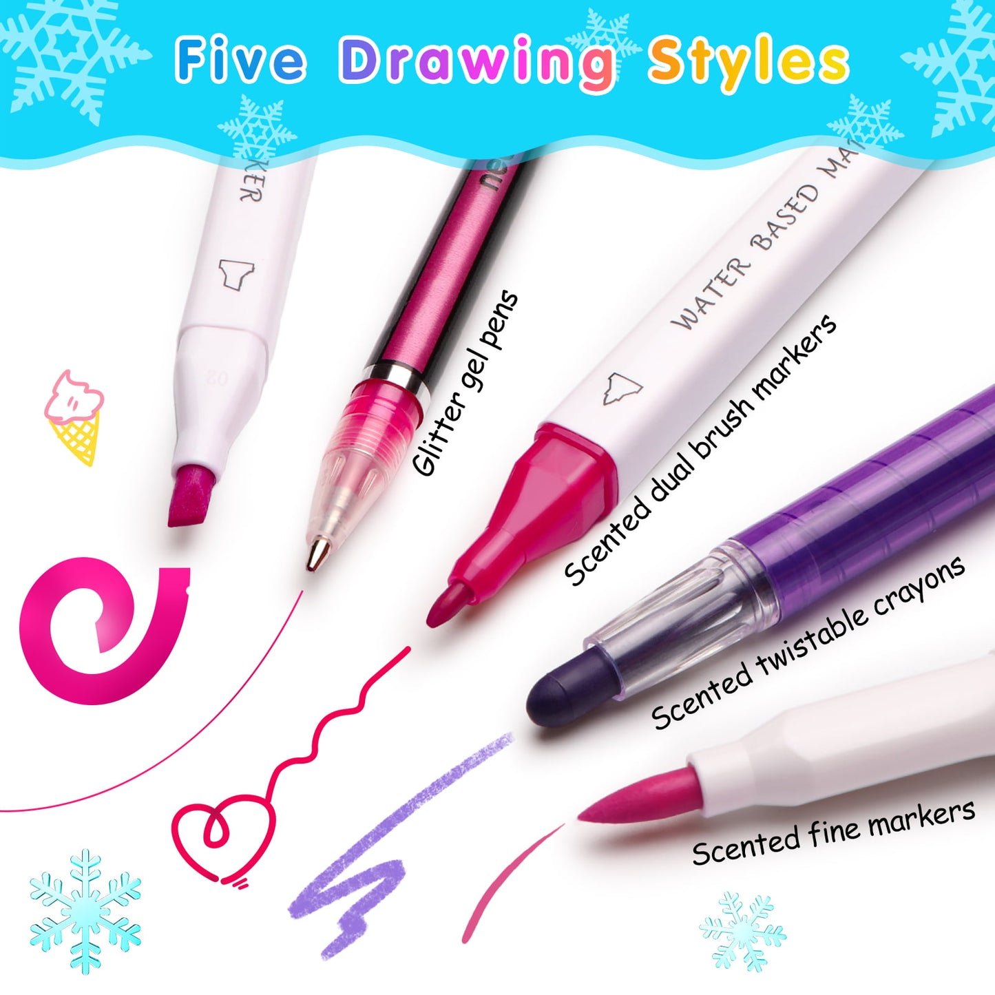 Fruit Scented Markers Set, 56 Pcs with Frozen Snowflake Pencil Case, Frozen Gifts for Girls Ages 4-6-8, Art Supplies for Kids, School Supply Kit Christmas Birthday Gift for Girls 3+