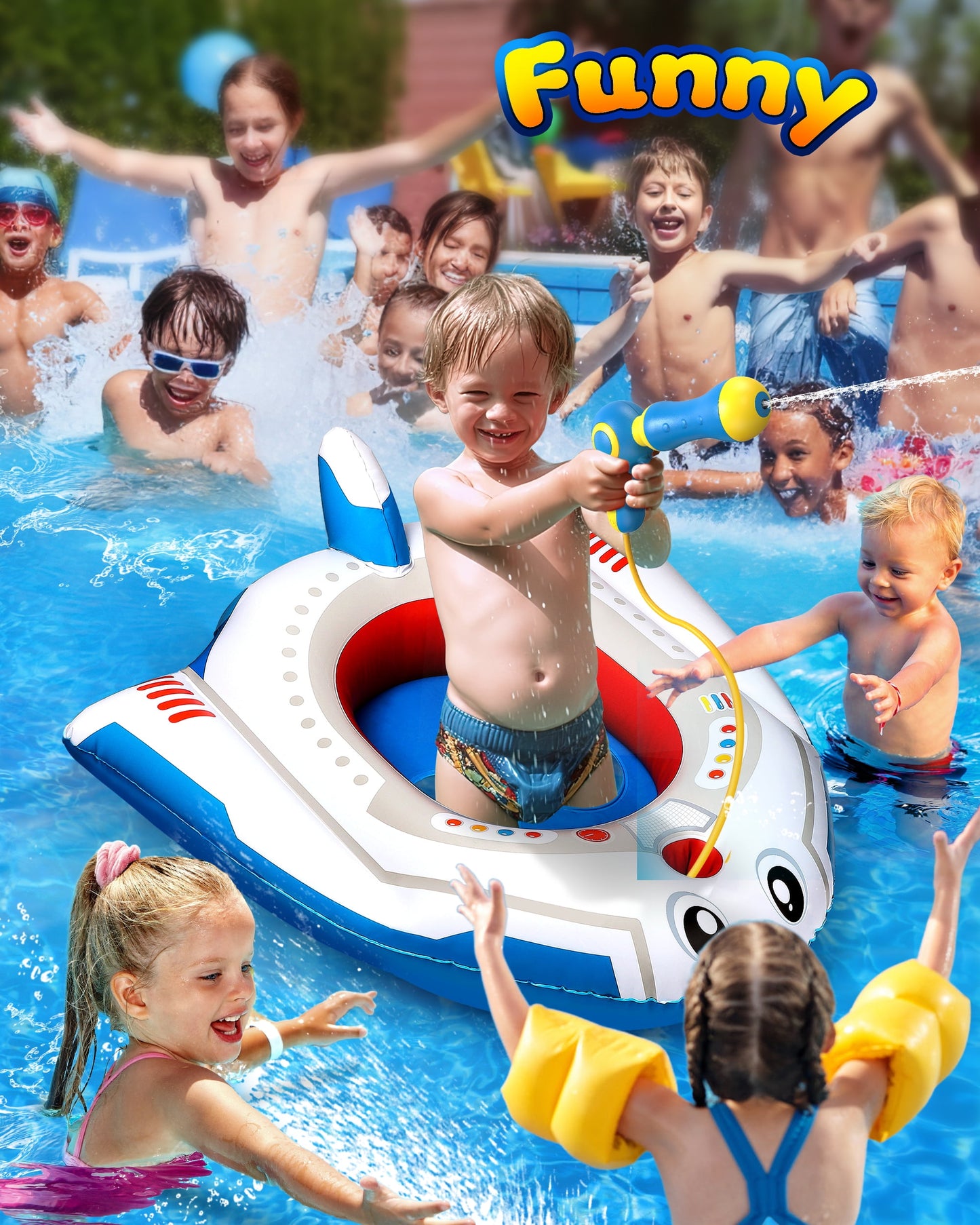 Inflatable Swimming Pool Floats for Kids with Squirt Gun, Ride-on Space Boat, Summer Toys Water Floaties for Toddler Age 3-12