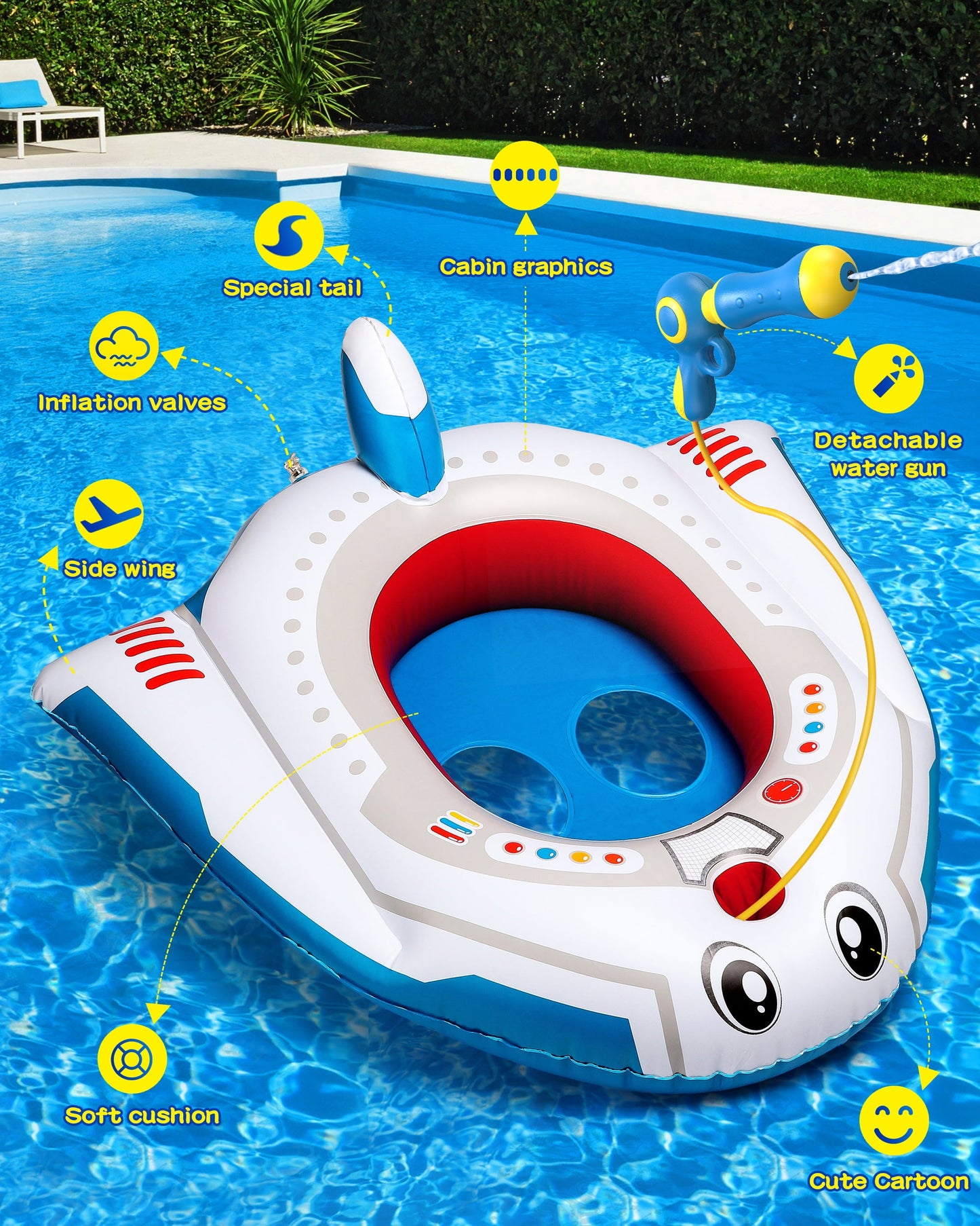 Inflatable Swimming Pool Floats for Kids with Squirt Gun, Ride-on Space Boat, Summer Toys Water Floaties for Toddler Age 3-12
