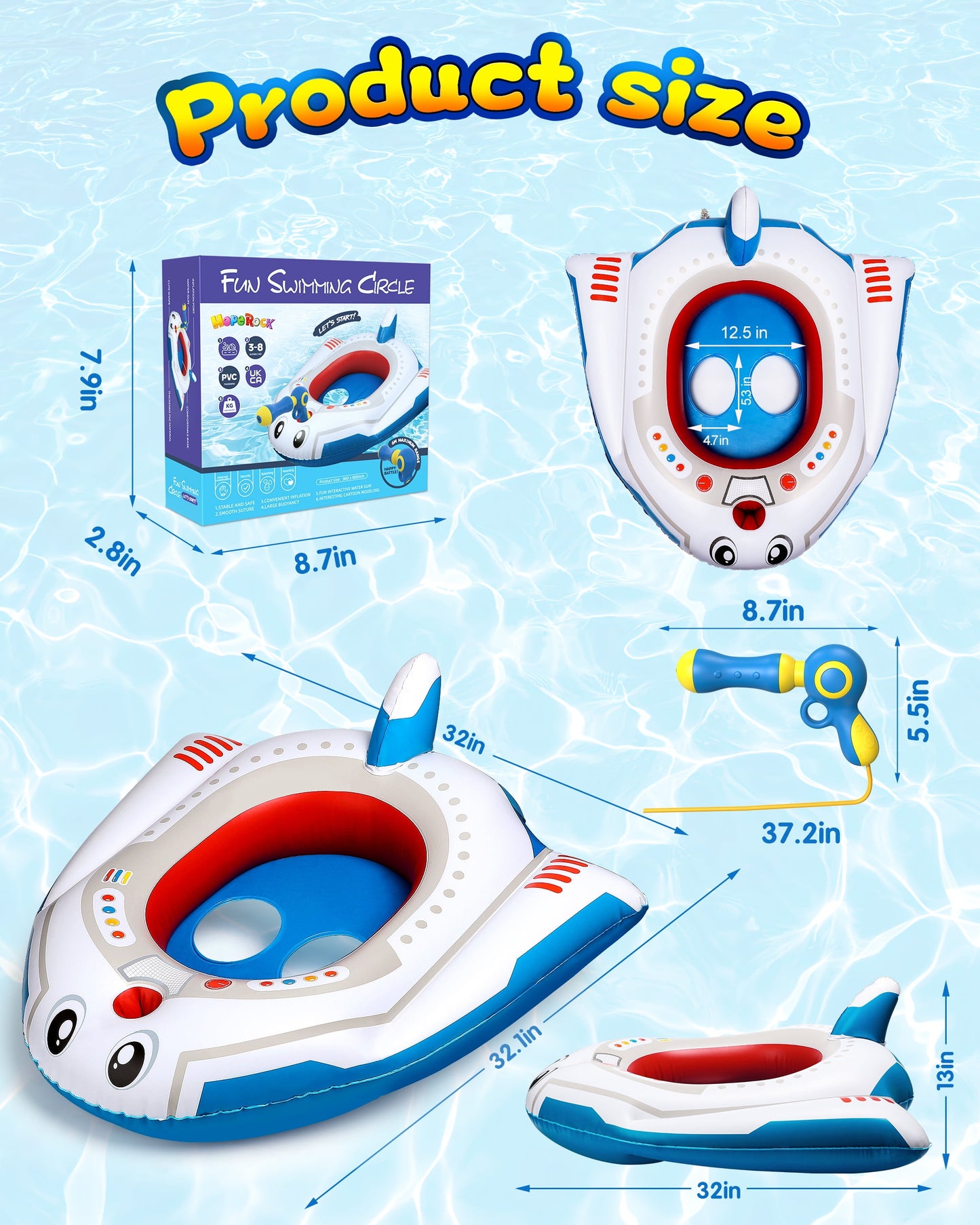 Inflatable Swimming Pool Floats for Kids with Squirt Gun, Ride-on Space Boat, Summer Toys Water Floaties for Toddler Age 3-12