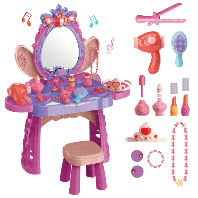 Hot Bee Kids Makeup Vanity Set With Mirror And Stool, Toddler Vanity Table With Lights And Sounds,Dress Up Pretend Play Toy For Girls Age 3-8