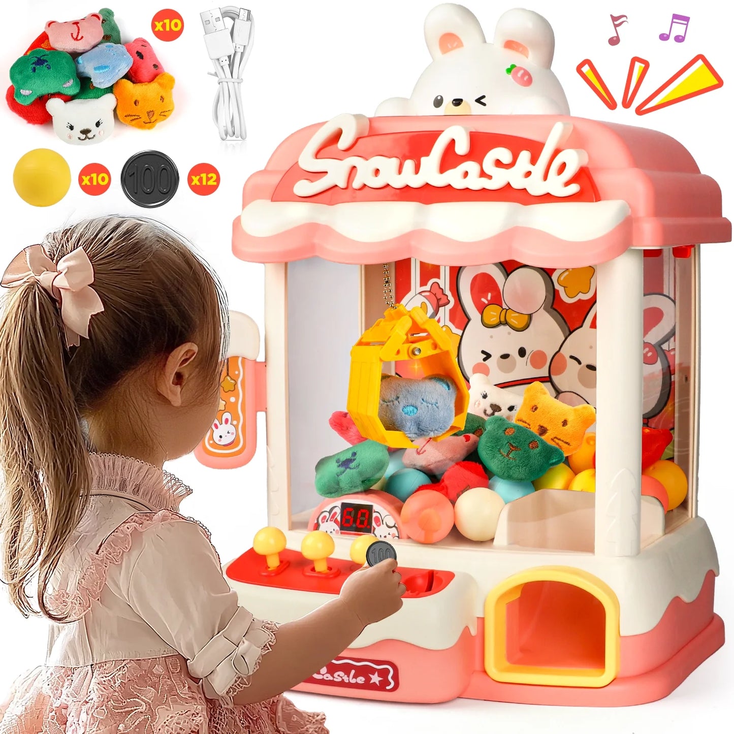 Hot Bee Rabbit Claw Machine for Kids, Mini Doll Prize Grabber Arcade Games with Music, Birthday Parties Game Toys Gifts for Girls Boys 3 4 5 6 7-12
