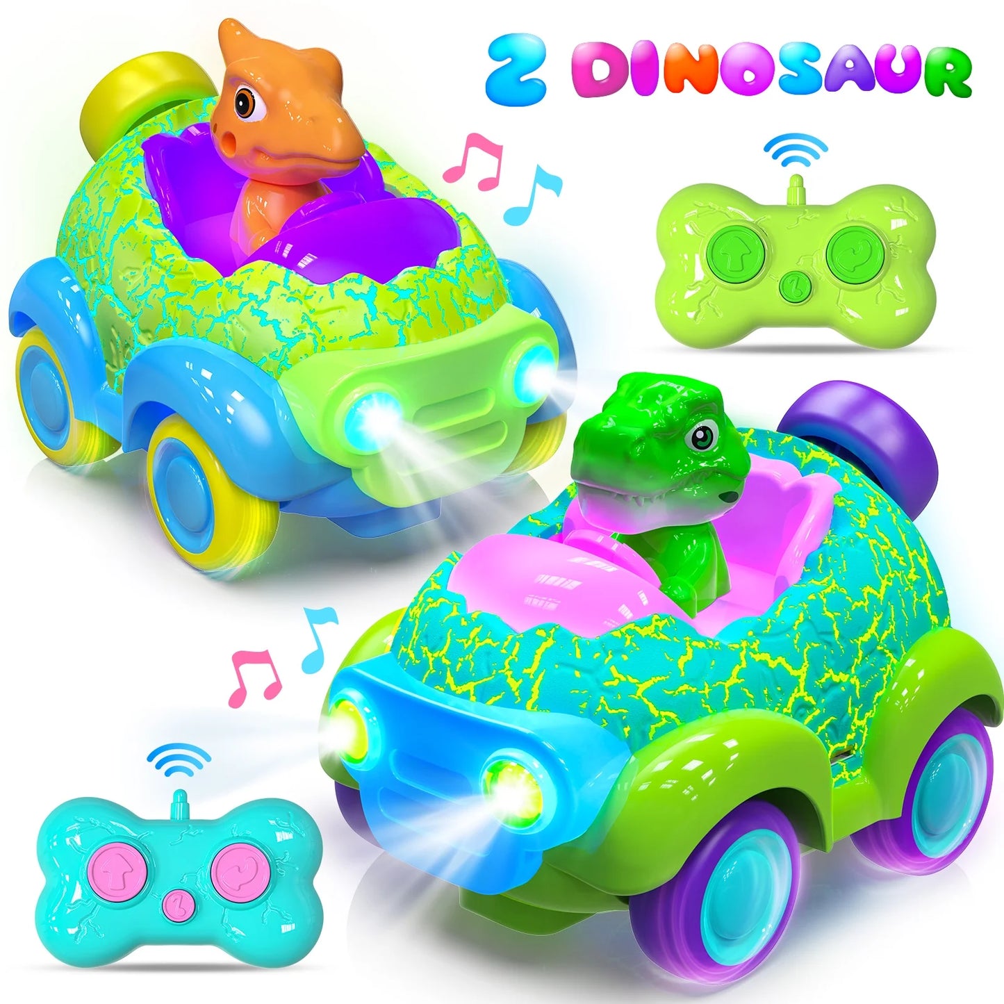 Remote Control Cars for Toddler, 2 Pack Dinosaur RC Cars Toys for Kids 2-3, Toys for 2 3 4 5 Year Old Boys Girls, Birthday Gift for Kids with LED Lights