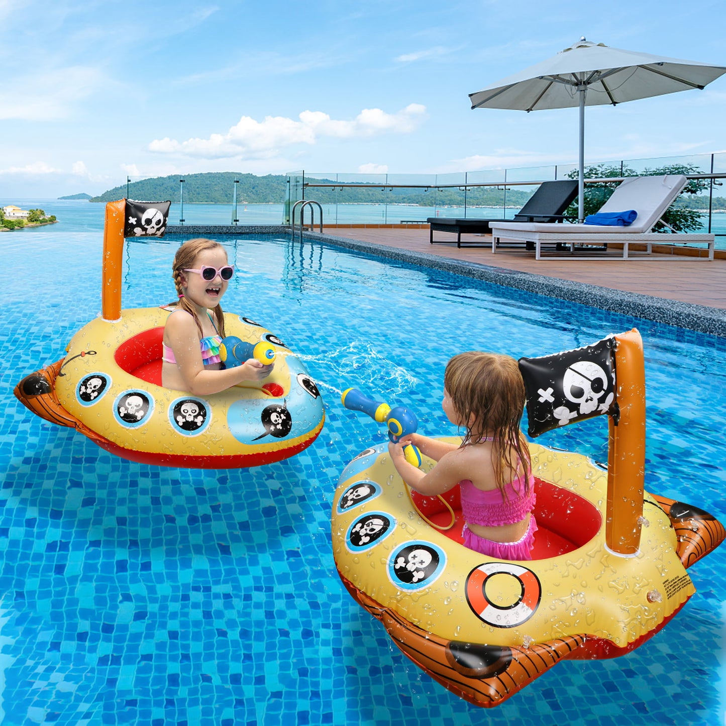 Swimming Ring Pool Floats for Kids with Squirt Gun, Inflatable Ride-on Pirate Boat, Summer Toys Water Floaties for Toddler Boys Girls Aged 3+