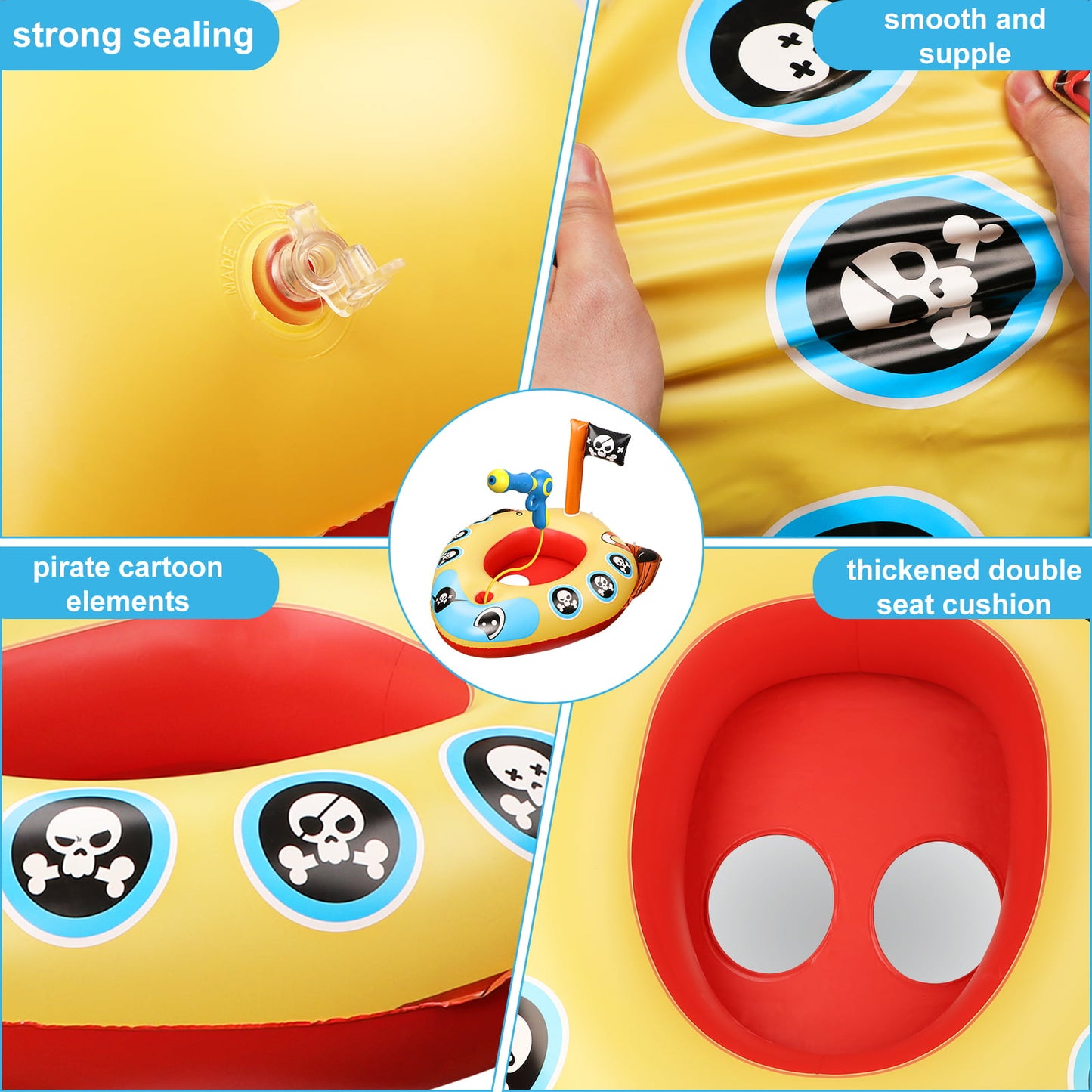 Swimming Ring Pool Floats for Kids with Squirt Gun, Inflatable Ride-on Pirate Boat, Summer Toys Water Floaties for Toddler Boys Girls Aged 3+