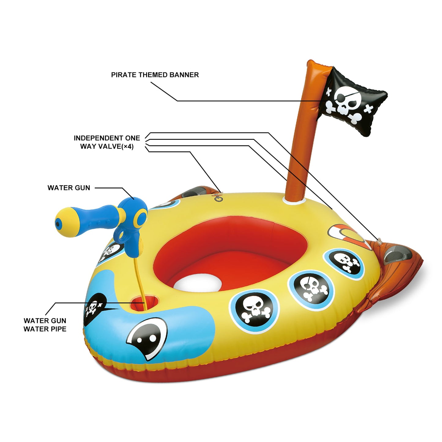 Swimming Ring Pool Floats for Kids with Squirt Gun, Inflatable Ride-on Pirate Boat, Summer Toys Water Floaties for Toddler Boys Girls Aged 3+