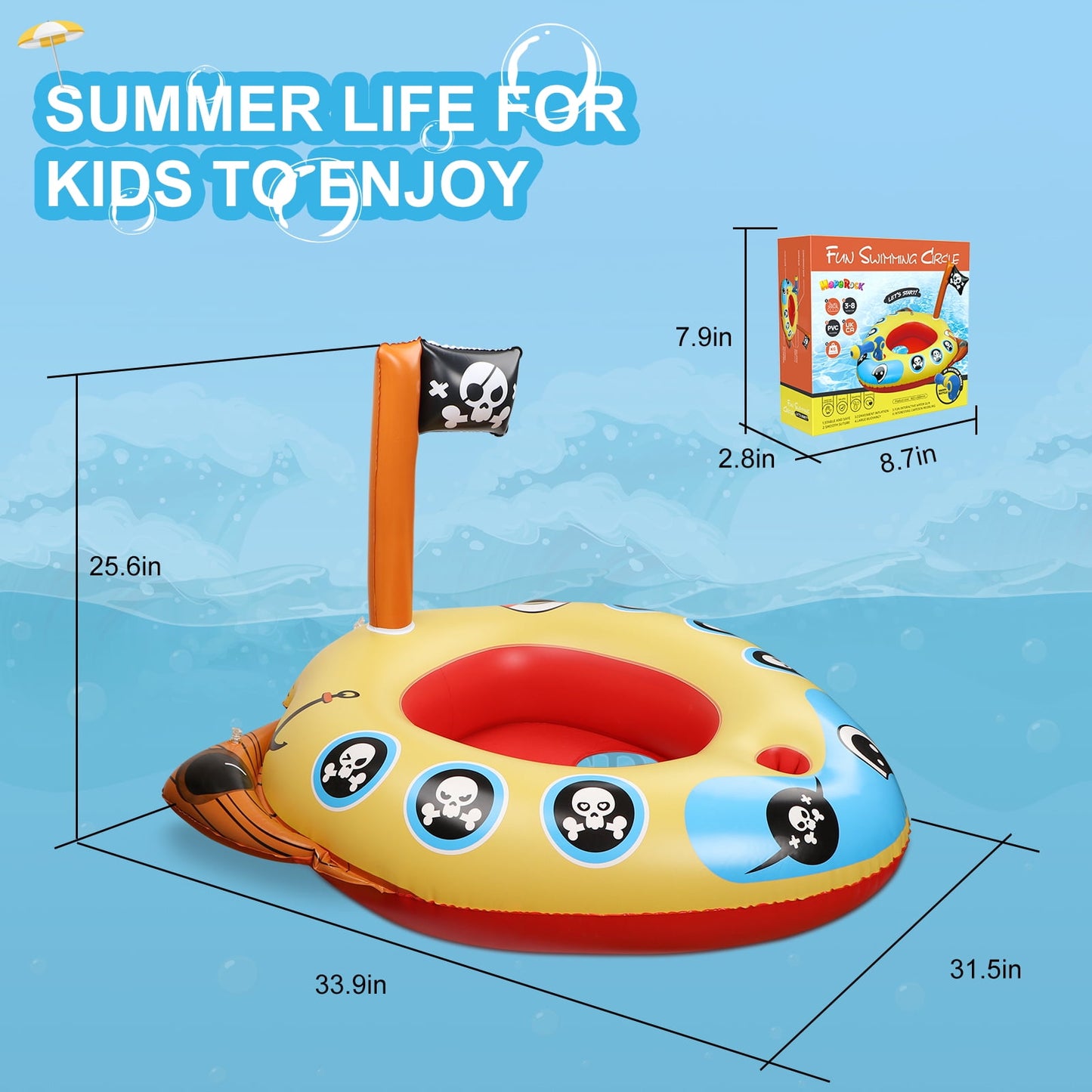 Swimming Ring Pool Floats for Kids with Squirt Gun, Inflatable Ride-on Pirate Boat, Summer Toys Water Floaties for Toddler Boys Girls Aged 3+