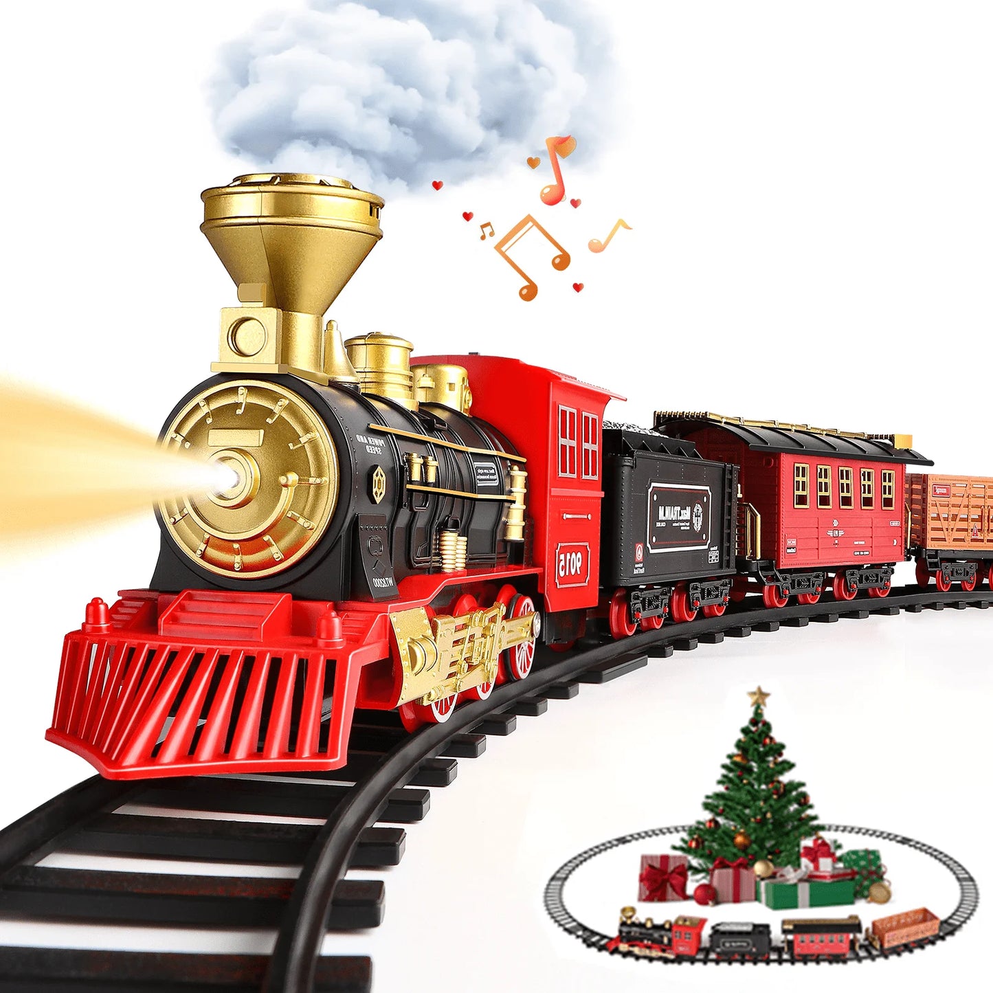 Train Set for Kids,with Steam Locomotive Engine, Cargo Car and Long Track for Toddlers, Train Toys with Steam, Light and Sounds, Christmas Gift for Kids, Boys & Girls 3-12 Years
