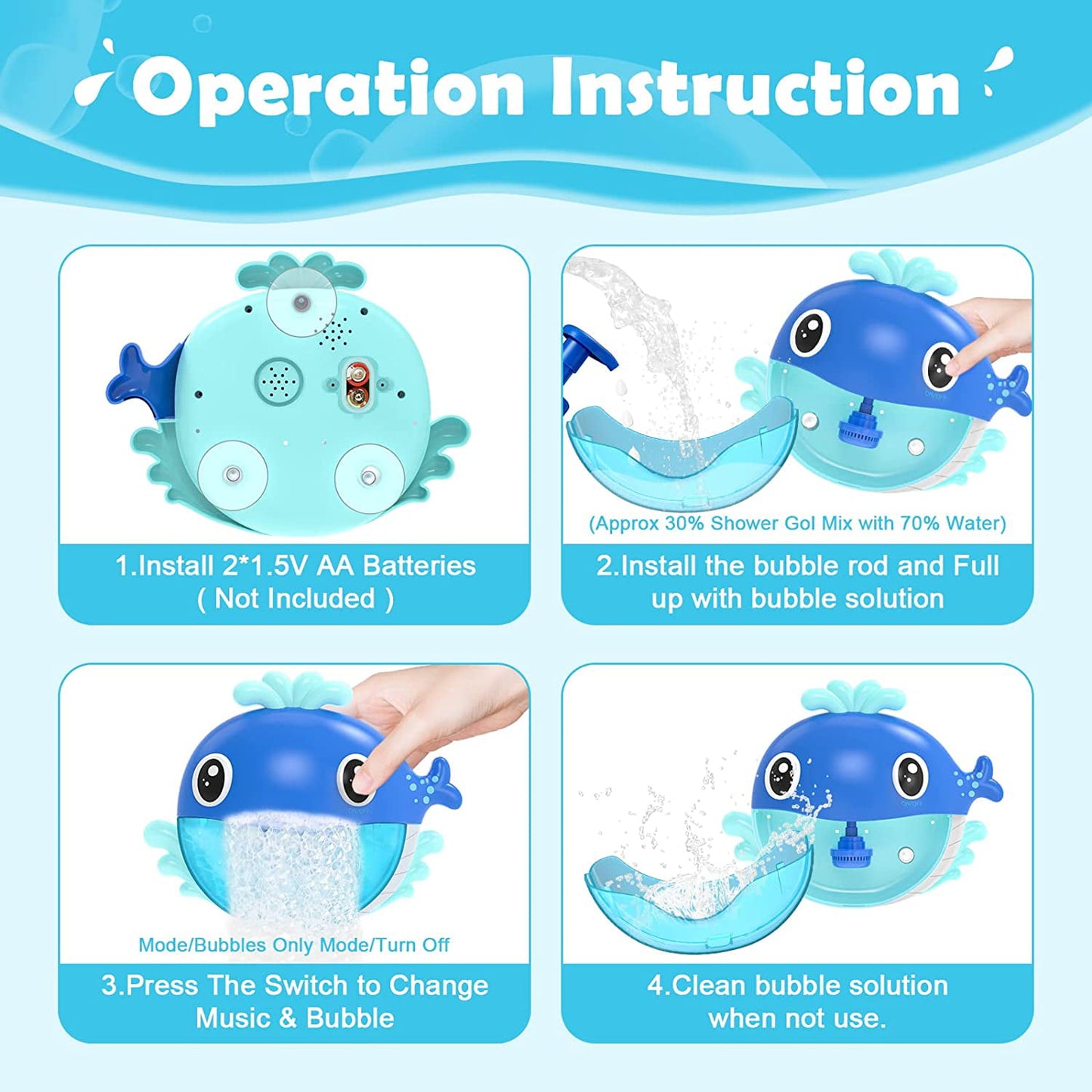 Whale Bubble Bath Toy for Kids, Blue Bubble Maker for Bathtub toys, Musical Foam Blower Bubbling Machine for Baby Boys Girls 18 Months Up