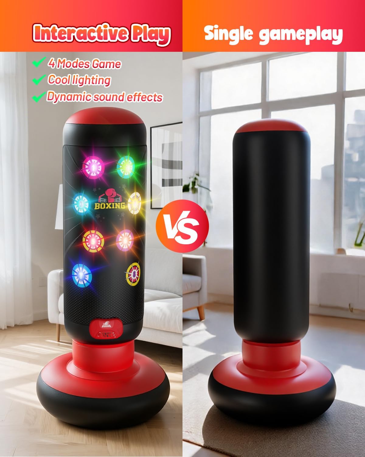 Hot Bee Interactive Punching Bag for Kids, Boxing Bag with Music & Light 4-Mode Game, Inflatable Punch Bag with Gloves, Kids Gym Equipment, Boxing Gifts Toys for 6 7 8 9 10 11 12 Year Old Boys