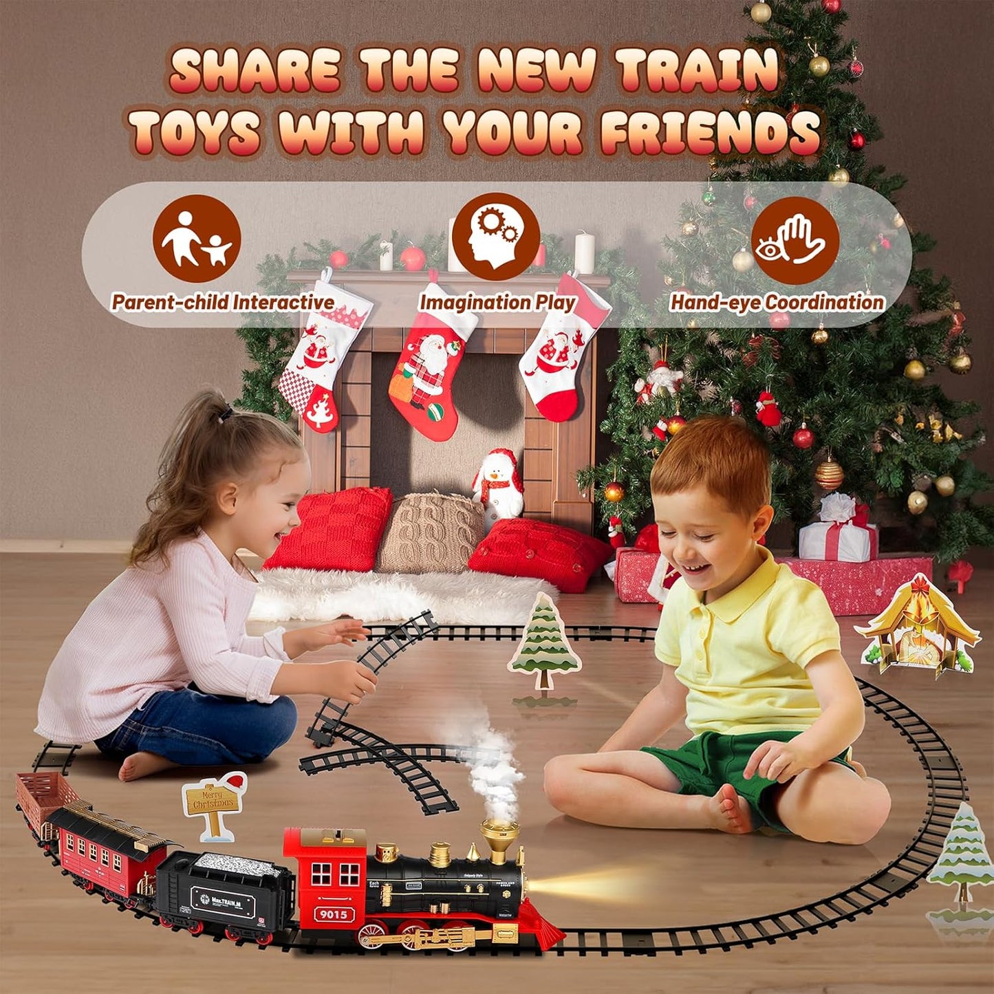 Train Set for Kids,with Steam Locomotive Engine, Cargo Car and Long Track for Toddlers, Train Toys with Steam, Light and Sounds, Christmas Gift for Kids, Boys & Girls 3-12 Years
