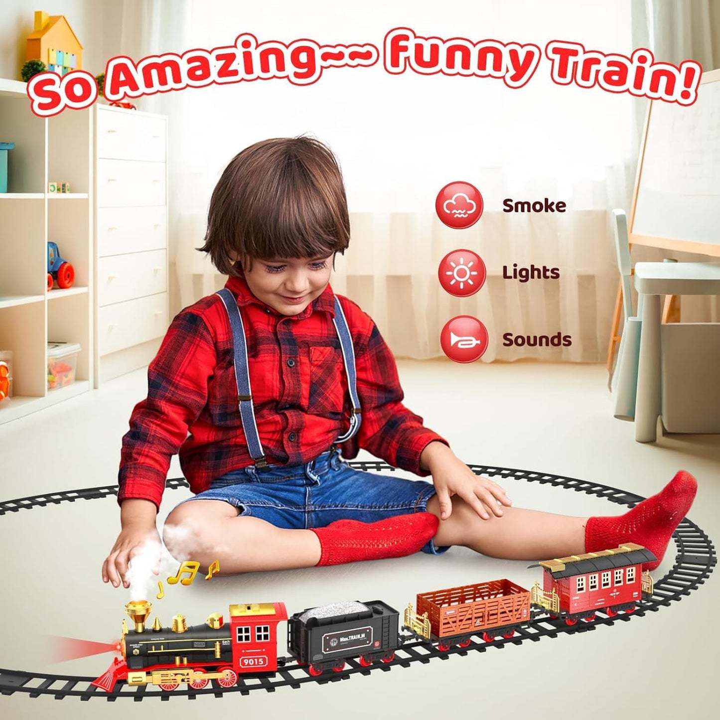 Train Set for Kids,with Steam Locomotive Engine, Cargo Car and Long Track for Toddlers, Train Toys with Steam, Light and Sounds, Christmas Gift for Kids, Boys & Girls 3-12 Years