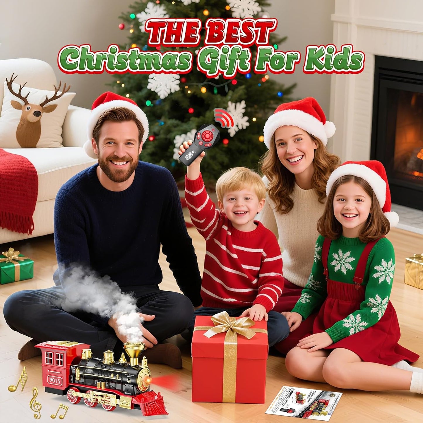 Hot Bee Remote Control Train Locomotive, Train Steam Engine Toy w/Smoke, Lights & Sounds, Christmas Trains Toys Gifts for 3 4 5 6 7 8+ Years Old Kids