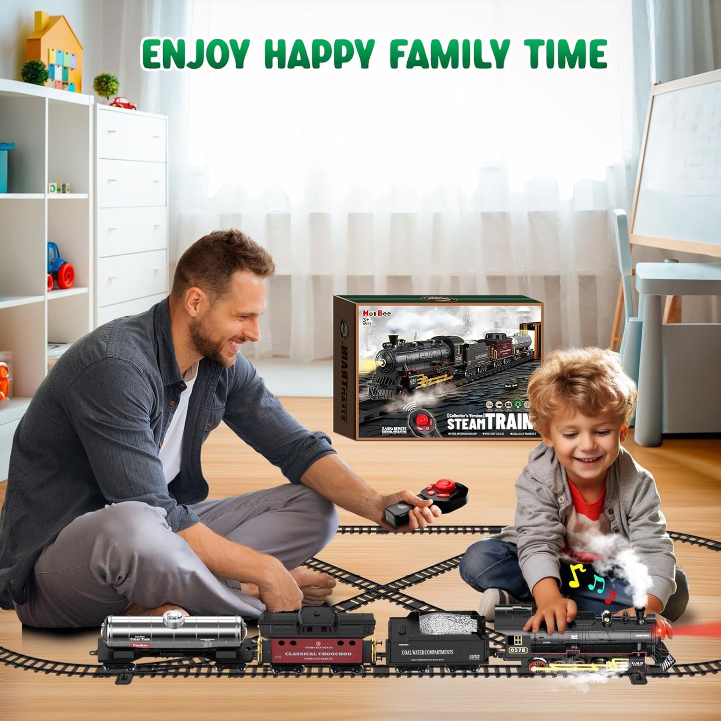 Hot Bee Train Set for Boys, Alloy Remote Control Train Toys with Steam Locomotive Cargo Cars Tracks, Trains with Realistic Smoke Sound Lights,Christmas Train Toys Gifts for 3 4 5 6 7 8+ Years Old Kids