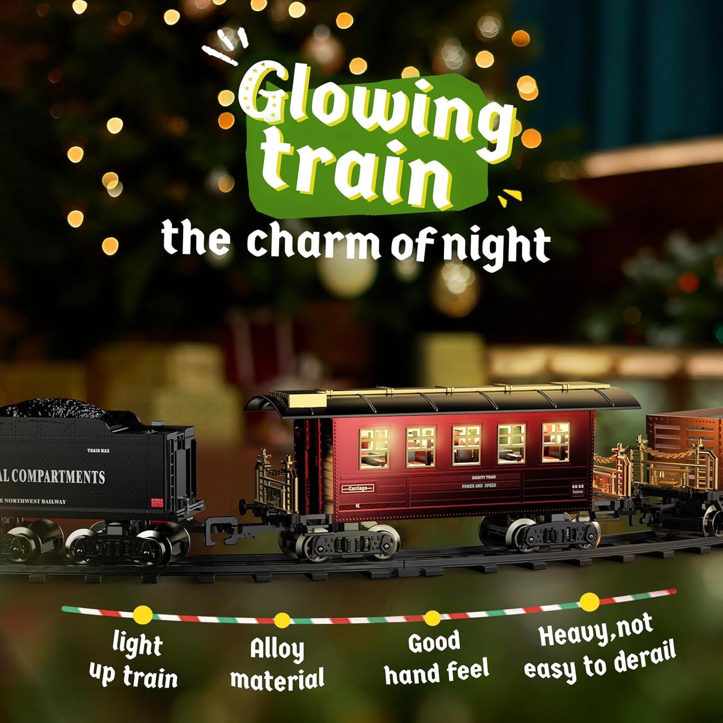 Hot Bee Train Set - Alloy Train Toys for Boys w/Glowing Carriage & Silent, Toy Train w/Smokes, Lights & Sound, Christmas Tree Train w/Steam Locomotive, Model Trains for 3 4 5 6 7 8+ Years Old Kids