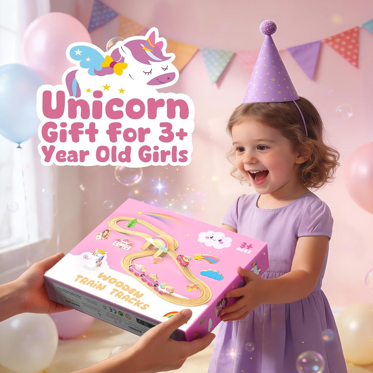 Hot Bee Wooden Train Set for Girls, 38Pcs Pink Unicorn Wood Train Track Set | Compatible with Most Wooden Train Tracks, Pink Fairy & Unicorn Theme, Easy Layouts, Fine Motor Play, Birthday Gifts for Girls