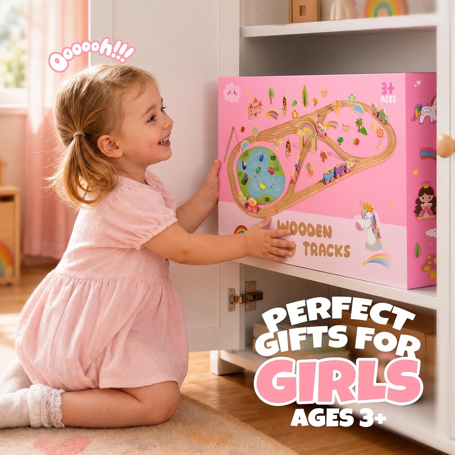 Hot Bee 2-in-1 Wooden Train Set, 110pcs Toy Train Track Set for Girls | Combines Train Playset & Magnetic Fishing, Compatible with Most Wooden Tracks, Pink Fairy Unicorn Theme, Girls Birthday Gifts