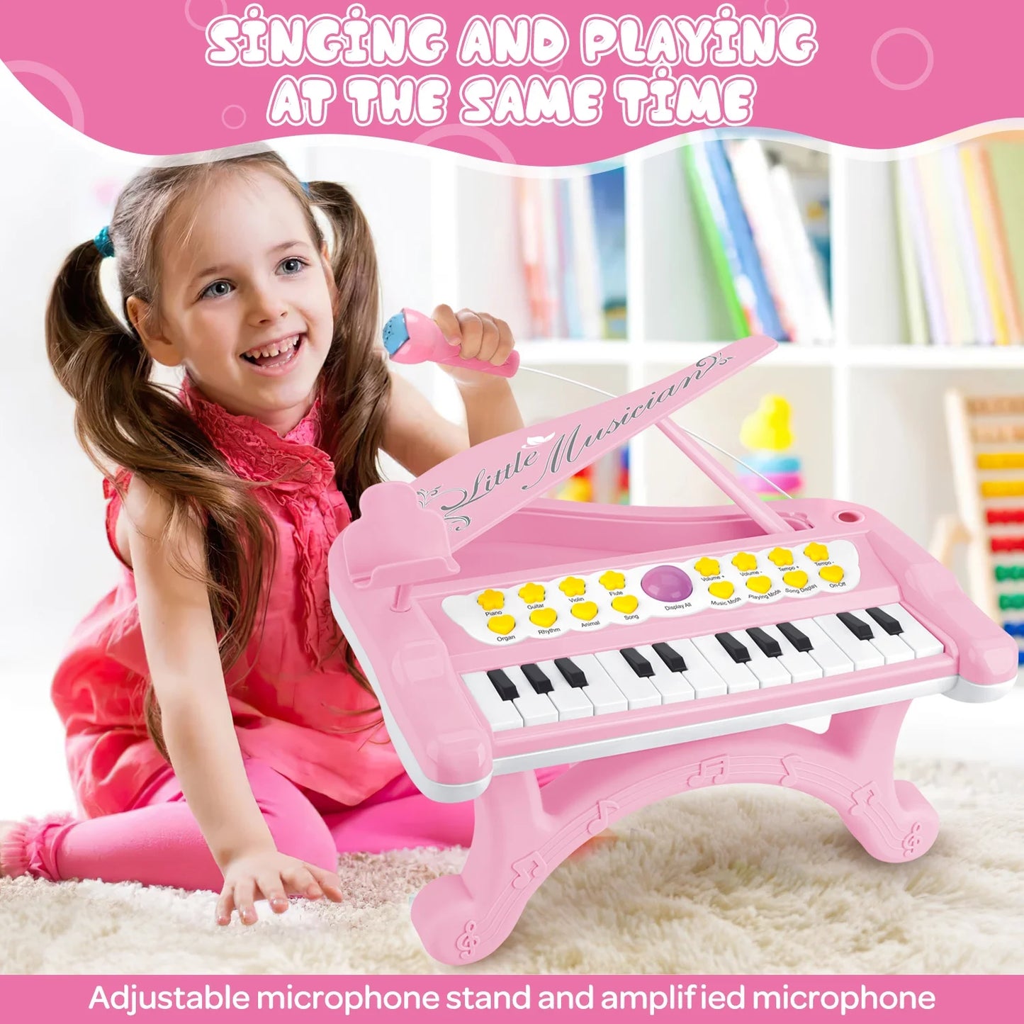 Hot Bee Musical Instrument with Microphone for Toddlers, Pink Baby Piano Keyboard Toys for Kids, Preschooler Music Learning Popular Piano Toys, Birthday Christmas Gift for Girls Boys Aged 3 4 5 6+