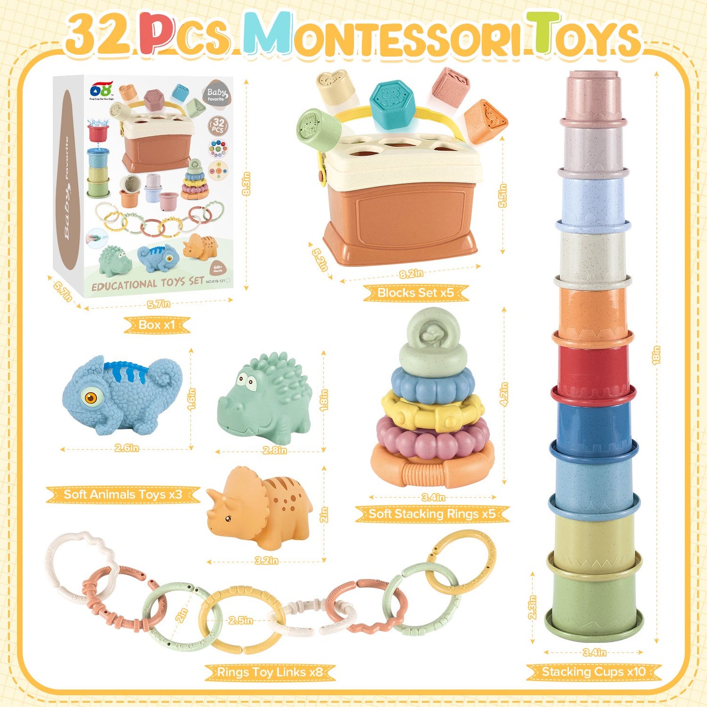 5-in-1 Montessori Baby Stacking & Sorting Toys Set for 6-36 Months ā Cups, Soft Rings, Linking Shapes, Building Blocks & Silicone Dino Figures with Storage Box ā Educational Fine Motor Skills