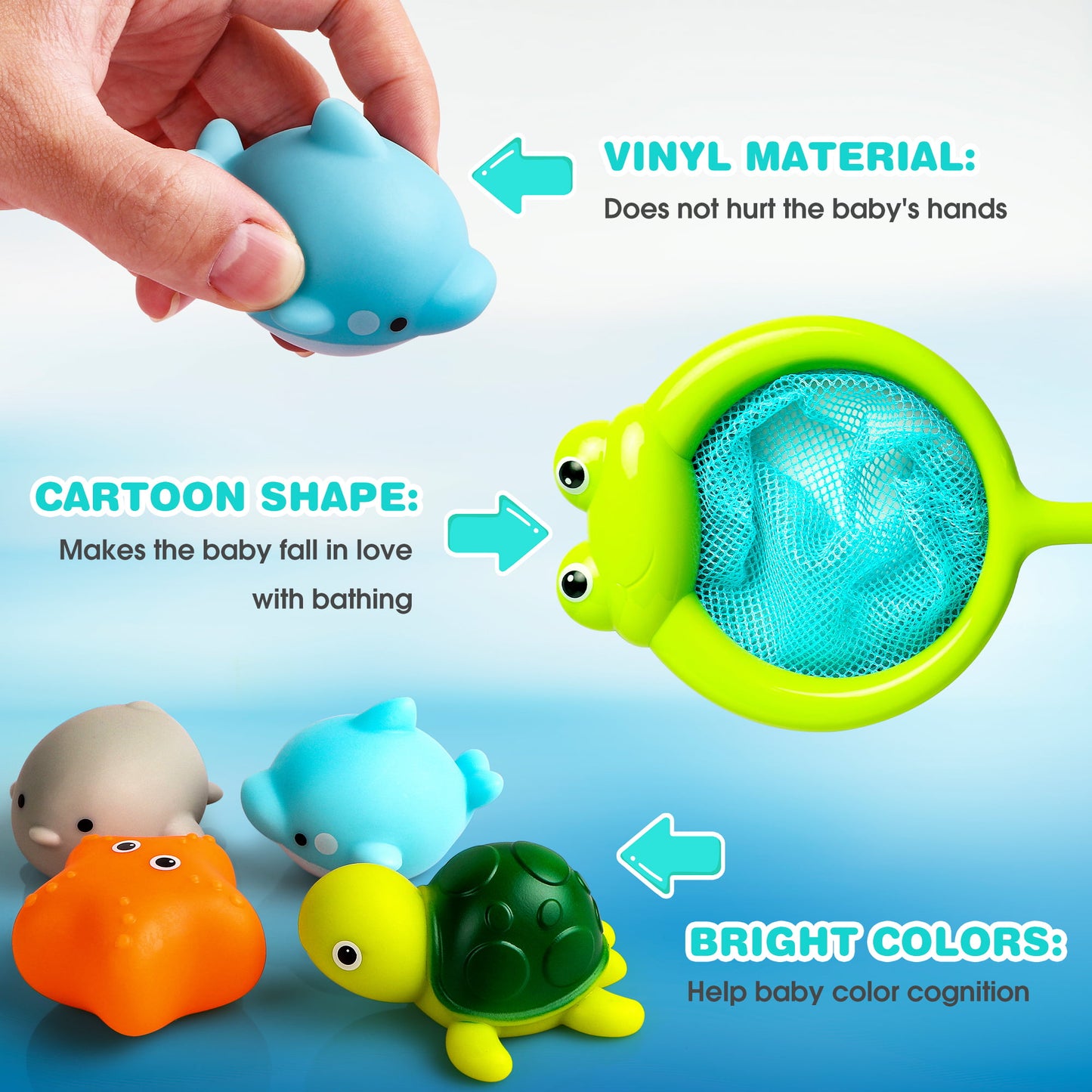 Bath Toys,4 Pcs Light Up Floating Rubber Animal Toys Set with Fishing net, Bathtub Tub Toy for Toddlers Baby Kids Infant Girls Boys