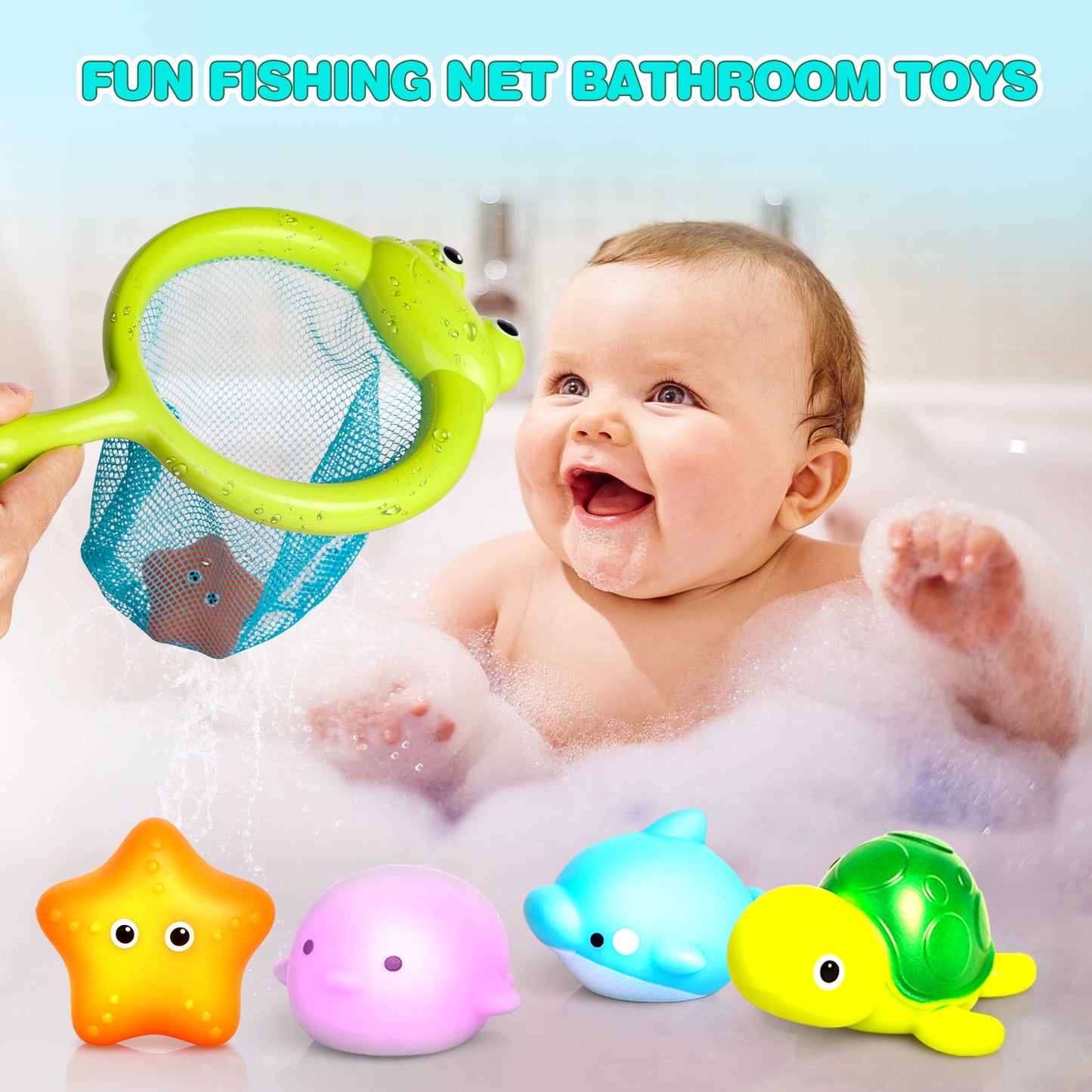 Bath Toys,4 Pcs Light Up Floating Rubber Animal Toys Set with Fishing net, Bathtub Tub Toy for Toddlers Baby Kids Infant Girls Boys
