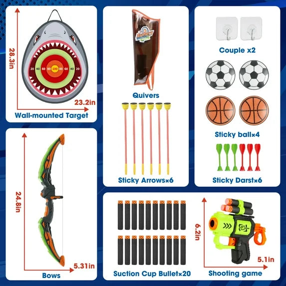 2-in-1 Archery & Foam Blaster Target Set for Kids, Indoor Outdoor Shooting Toys with LED Bow, Sticky Balls, Soft Darts, Gift for Boys Girls Ages 5-8