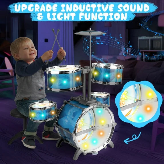 Kids Rock Drum Kit for Toddlers, Upgraded Induction Light Jazz Drum Set w/ Stool, Educational Music Beginner Instrument Toy for Boys & Girls Age 3 4 5 6
