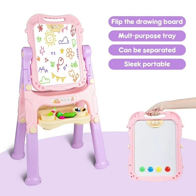 Art Easel for Kids 2-4, Double-side Standing Easel for Toddlers, Magnetic Drawing Board w/ Painting Accessories, Art Supplies Christmas Gifts for Little Boys Girls 3+, Middle Size Pink