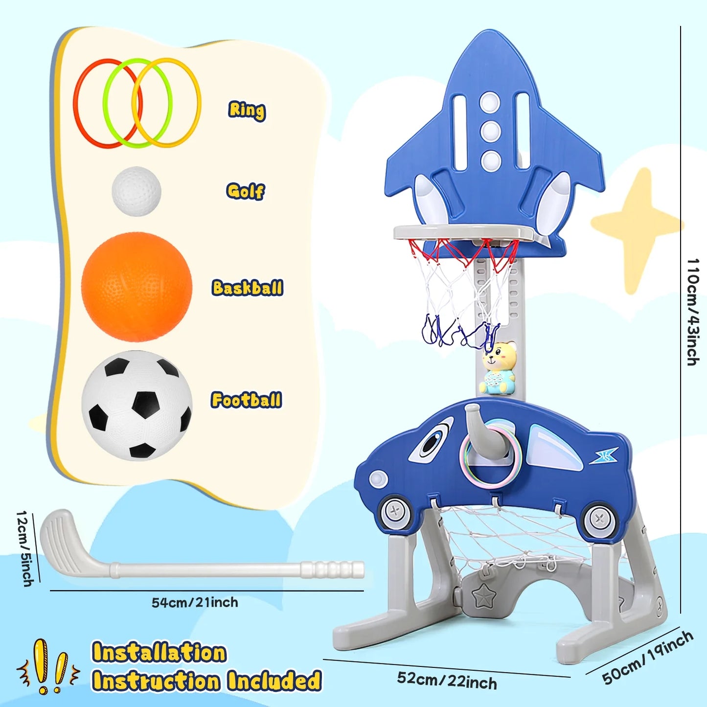 5 in 1 Sports Activity Center for Kids, Adjustable Height Basketball Hoop Airplane, Soccer Game&Toy Golf, Ring Toss w/ Storyteller, Indoor/Outdoor Birthday Gifts for Boys&Girls Aged 3+