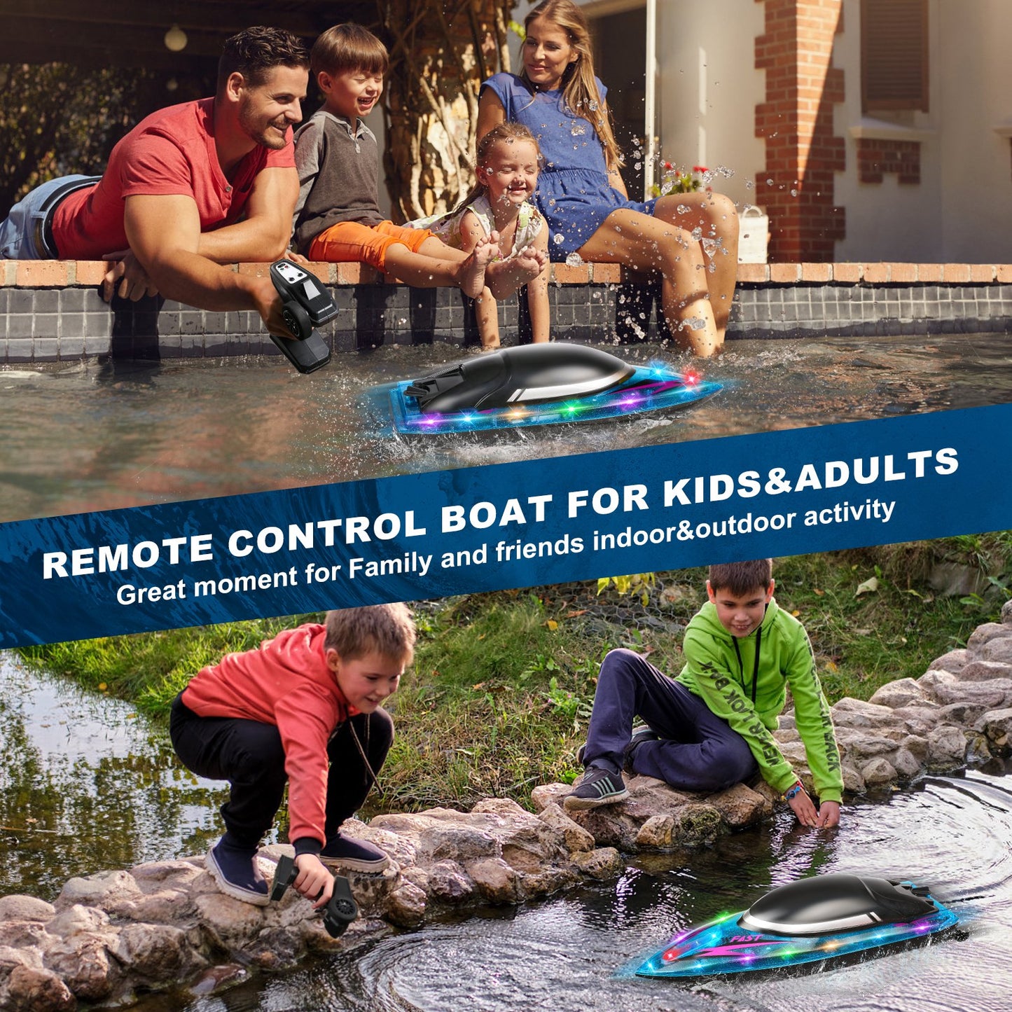 RC Boat for Kids 8-12, Fast Remote Control Boat for Water Pools with LED Lights, 2.4 GHz Racing Boats for Kids & Adults with Rechargeable Battery, Capsize Recovery, Gifts for Boys Girls