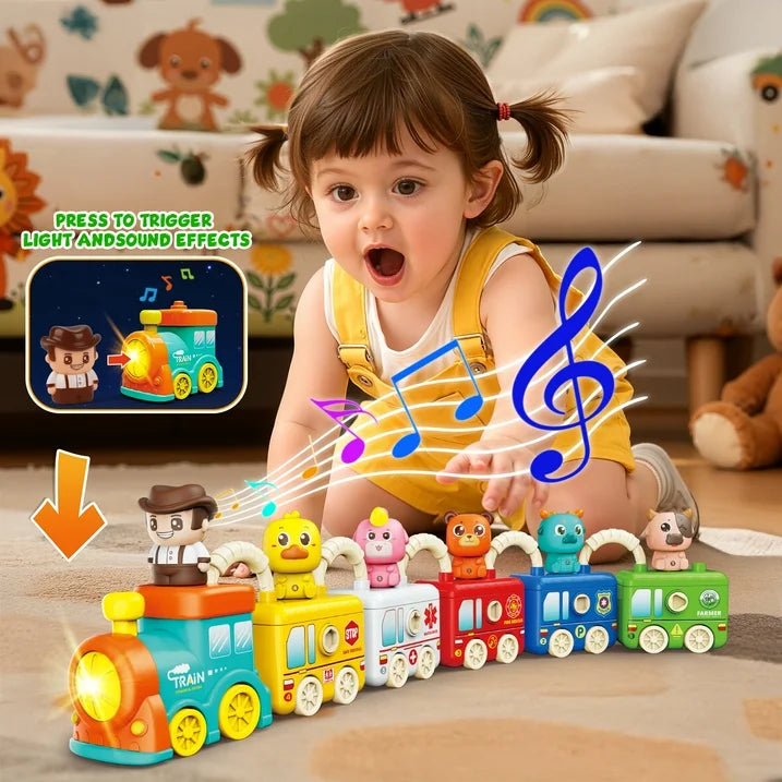 Montessori Train Toy with Lights & Music, 5-in-1 Vehicle Set w/ Keys, Numbers & Shapes Matching, Finger Puppet Animals&Stackable Cars, Educational Toy Christmas Train Gift for Toddlers 2-5