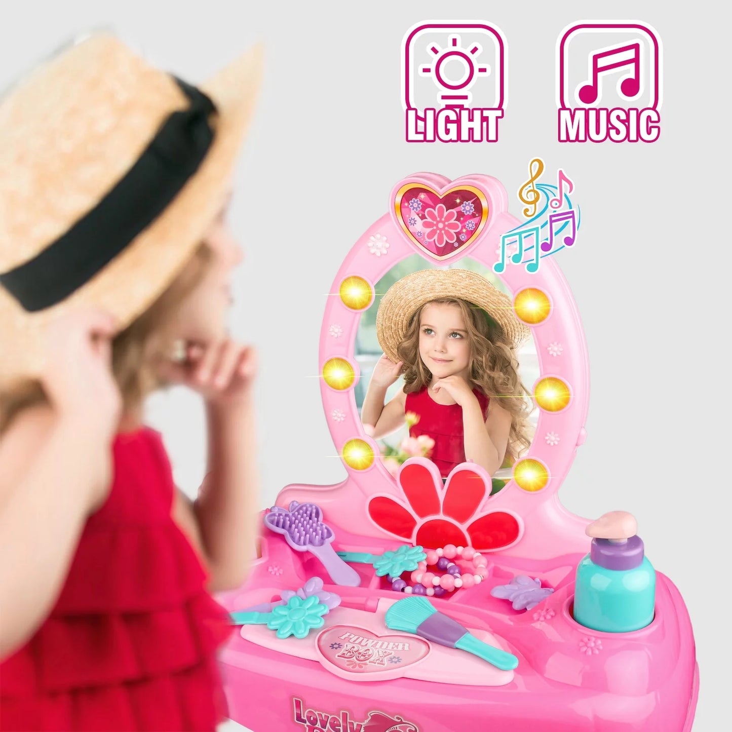 Girls Pretend Play Makeup Toddler Vanity Set, 19 PCS Pink Kids Makeup Table Toy with Mirror&Music, Birthday Christmas Gifts for Little Girls Toys Ages 3-6 Years Old