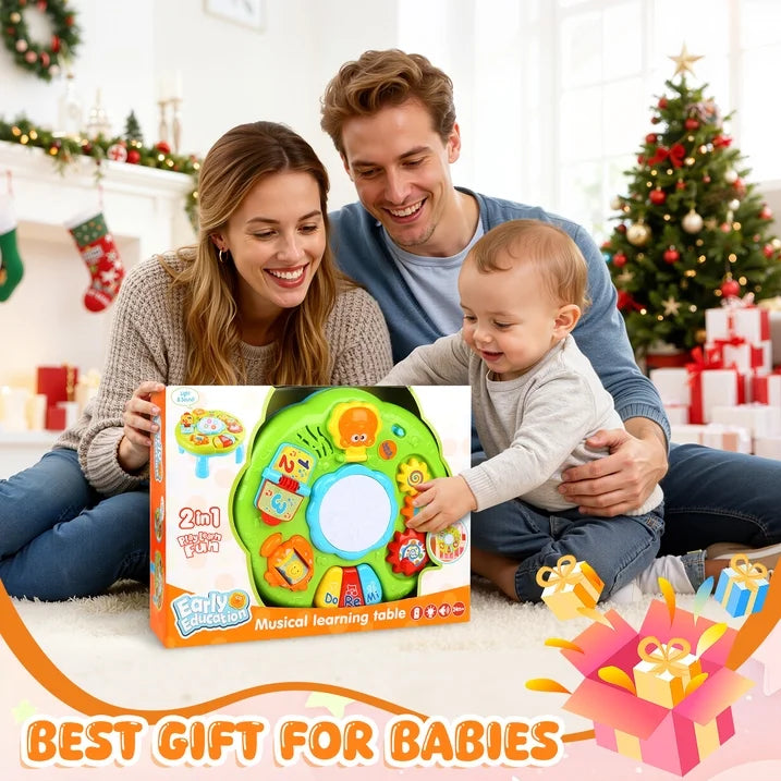 Baby Musical Activity Table, Light & Sound Learning Drum Toy with Piano, Flip Book & Animal Mirror, Multifunction Toddler Play Center for 6-24 Months Boys Girls Birthday ChristmasToy Gifts