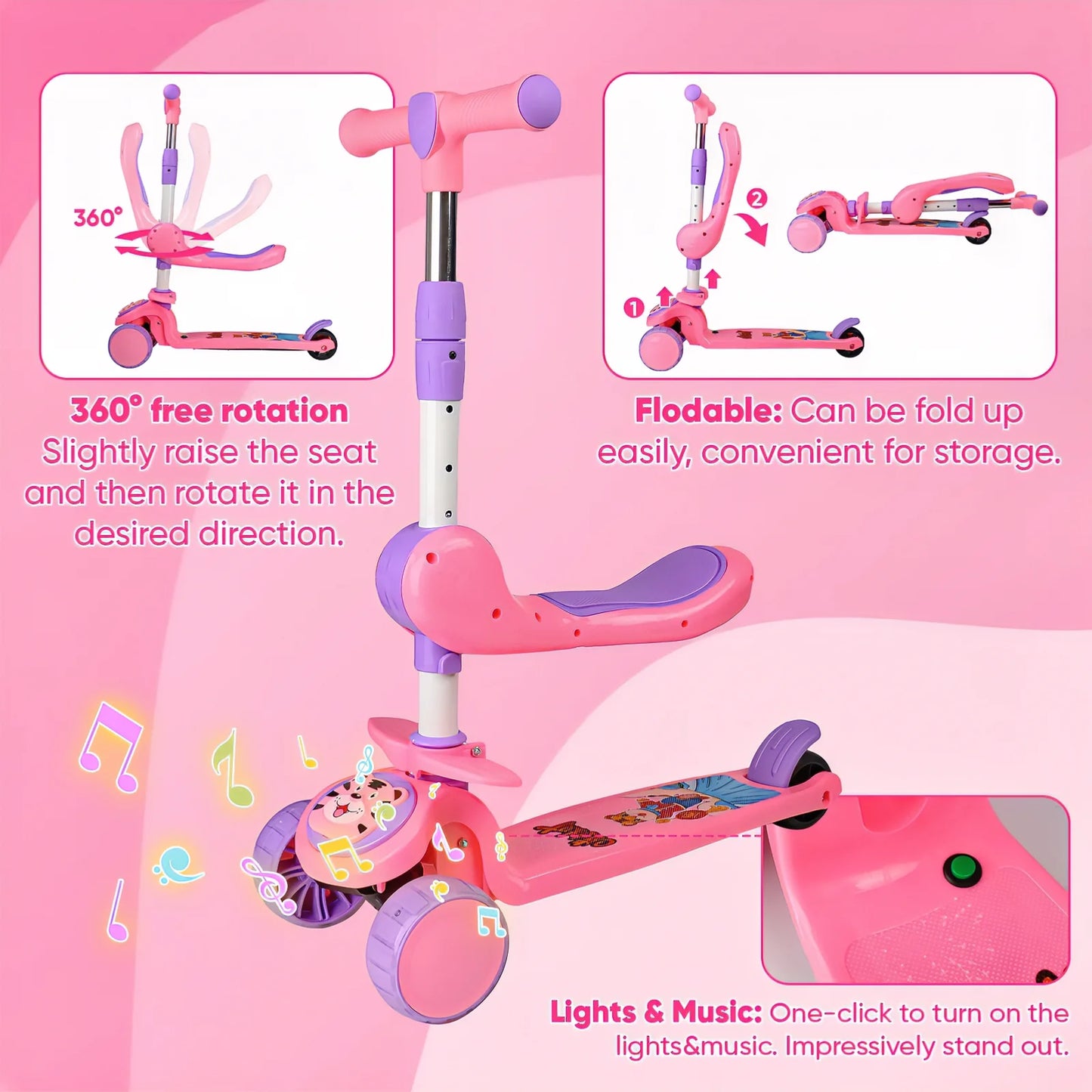 Pink Kids Scooter with Adjustable Seat, Foldable Design, Music and Lights, LED Wheels, Outdoor Activities Toy for Girls/Boys Aged 2 3 4 5 6+, Birthday Christmas Gift for Girls 3+