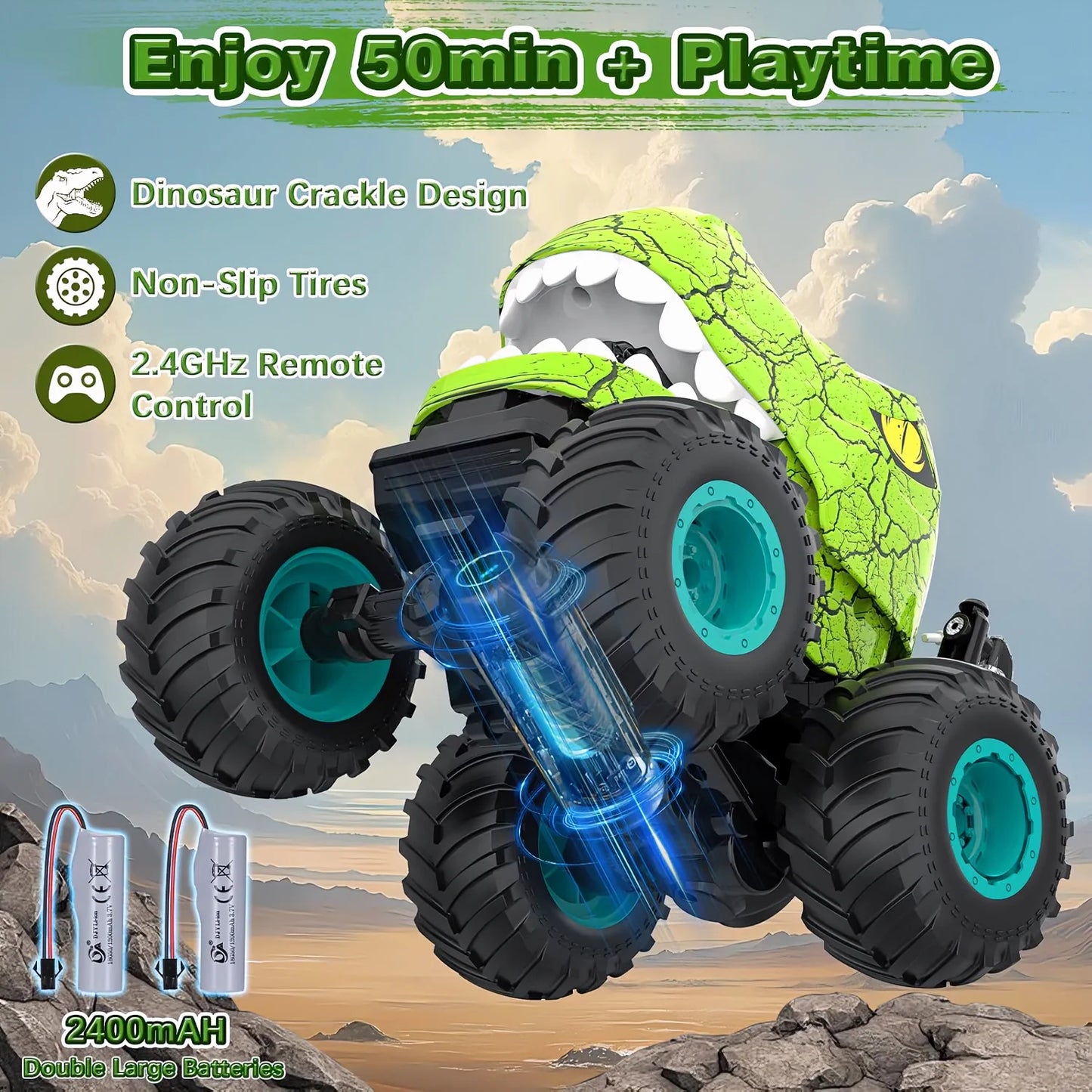 Remote Control Dinosaur Truck, Ultimate Stunt Car for Kids 5-7, 2.4GHz Wireless RC Dino Monster Truck with Lights, Mist Spray, and Music, Perfect Christmas Gift for Dino Lovers Boys&Girls 3+