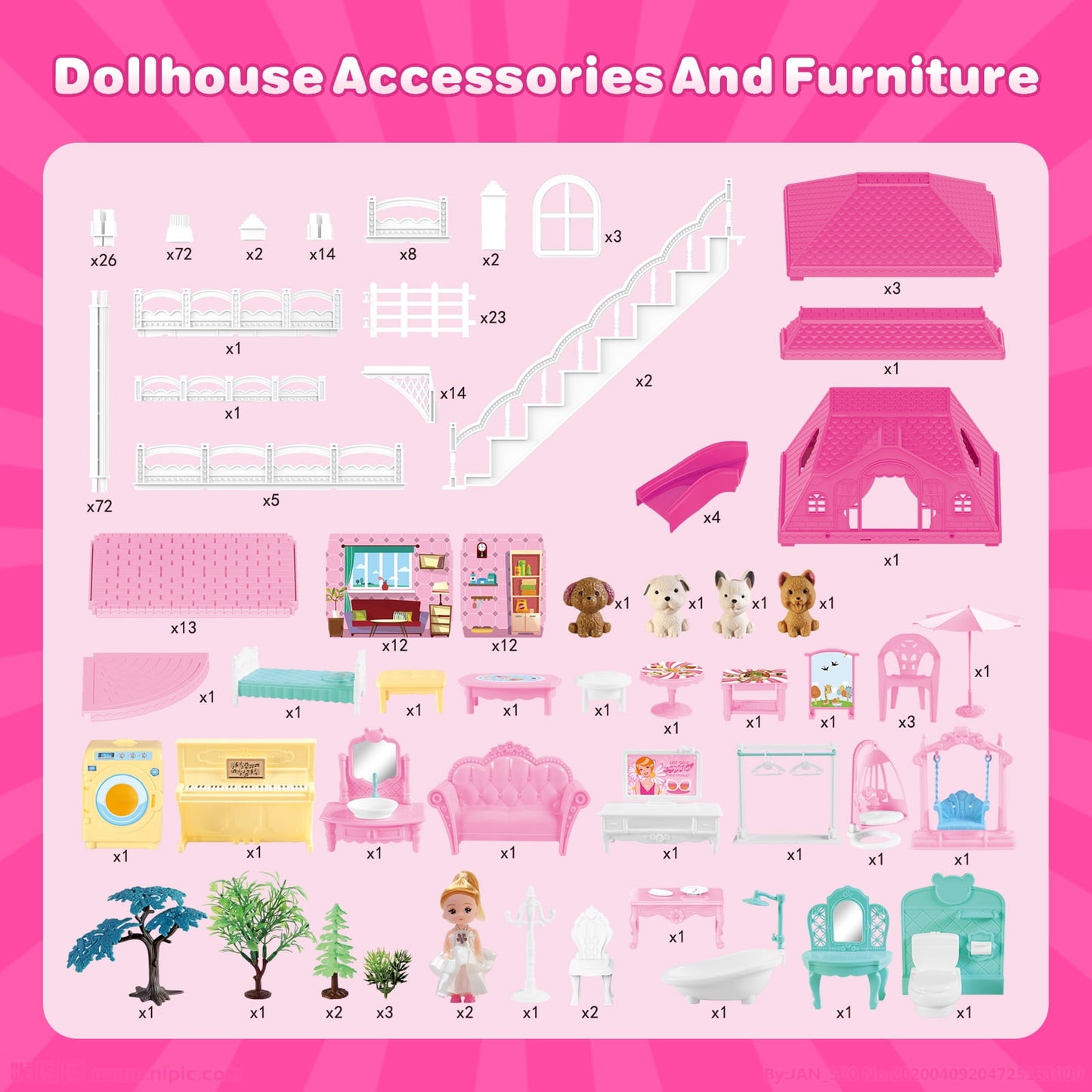 Dollhouse for Girls,4-Story 12 Rooms Playhouse with 2 Dolls Toy Figures,Pretend Dreamhouse with Accessories,Gift Toy for Kids Ages 3 4 5 6