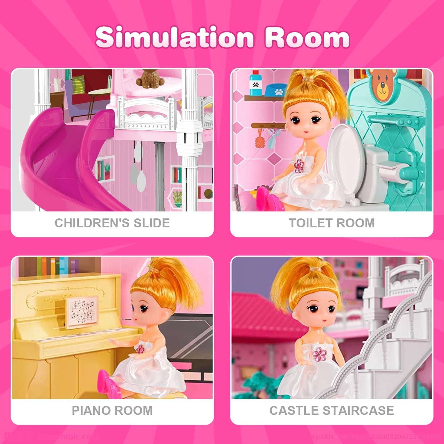 Dollhouse for Girls,4-Story 12 Rooms Playhouse with 2 Dolls Toy Figures,Pretend Dreamhouse with Accessories,Gift Toy for Kids Ages 3 4 5 6