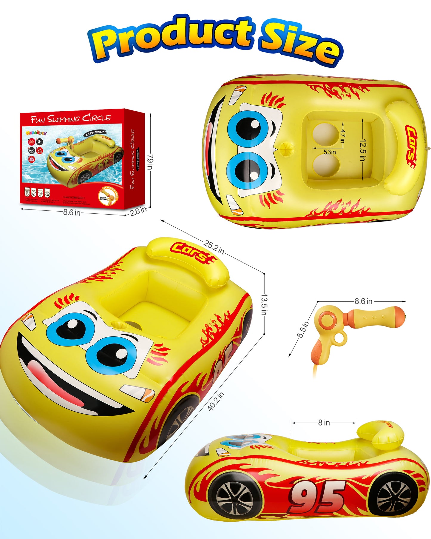 Inflatable Swimming Pool Float, Cute Car Boat Floats with Steering Wheel, Summer Outdoor Toys for Toddler Boys Girls Kids 1-3