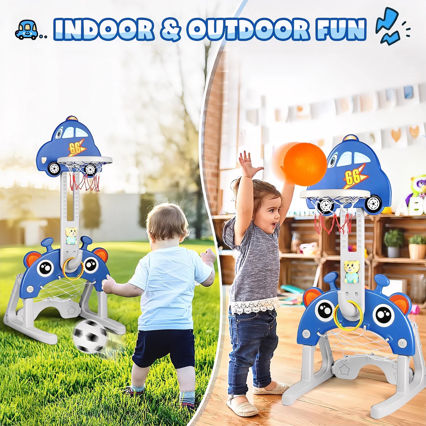 5 in 1 Sports Activity Center for Toddlers, Adjustable Height Basketball Hoop, Toy Golf, Soccer Game&Ring Toss, Indoor/Outdoor Christmas Birthday Gifts for Boys&Girls Aged 3-6