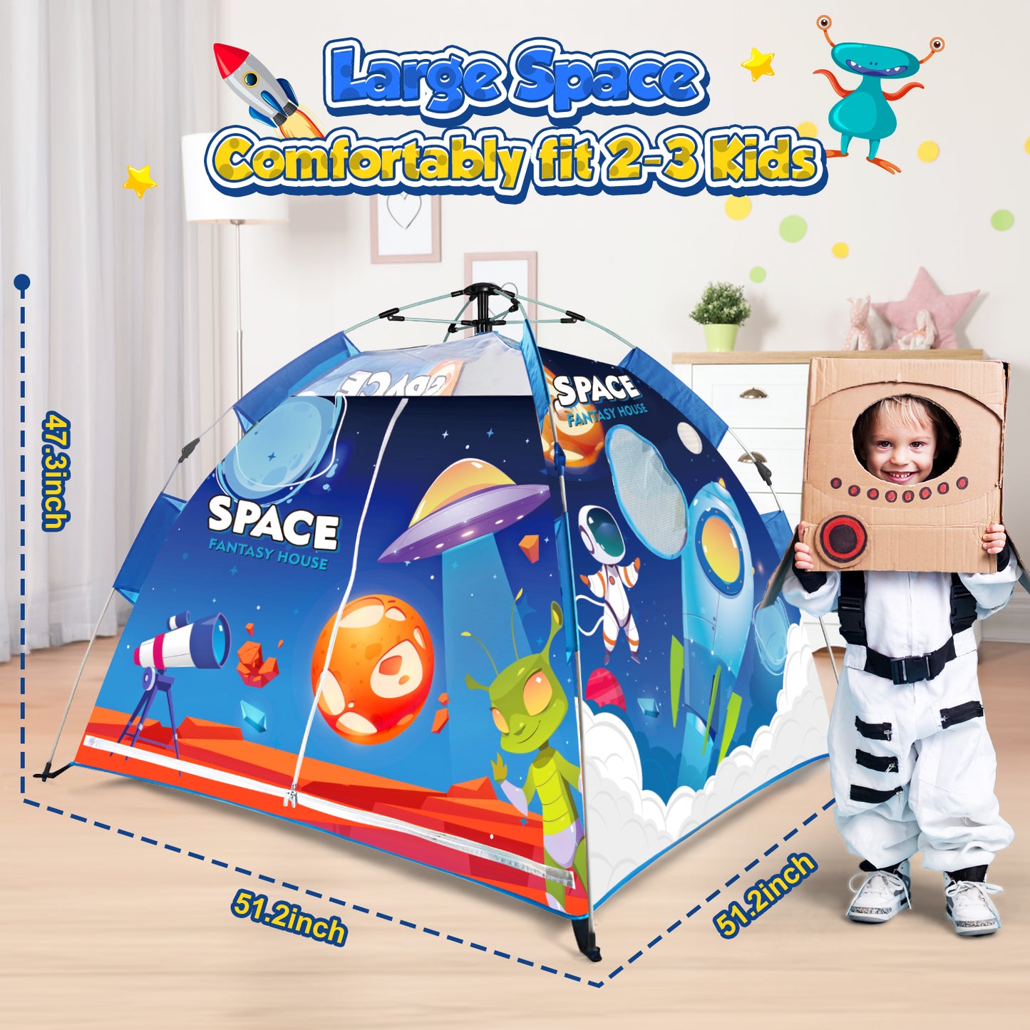 Space World Kids Play Tent, Astronaut Foldable Playhouse for Toddlers, Indoor & Outdoor Auto Pop up Spaceship Tent Set, Birthday Party Christmas Gift for Boys Girls Ages 3 4 5 7 8
