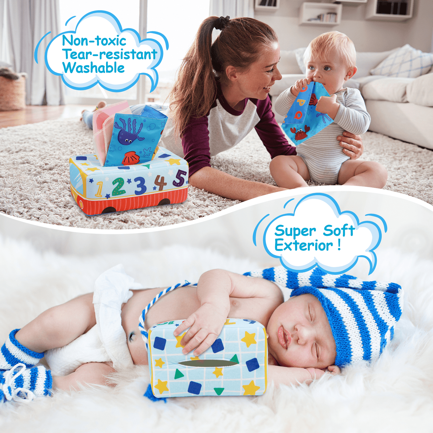 Baby Tissue Box Toy for Toddlers, Early Educational Learning Toys, Christmas Gift Montessori STEM Toys for Kids Boys Girls Aged 6 Months +